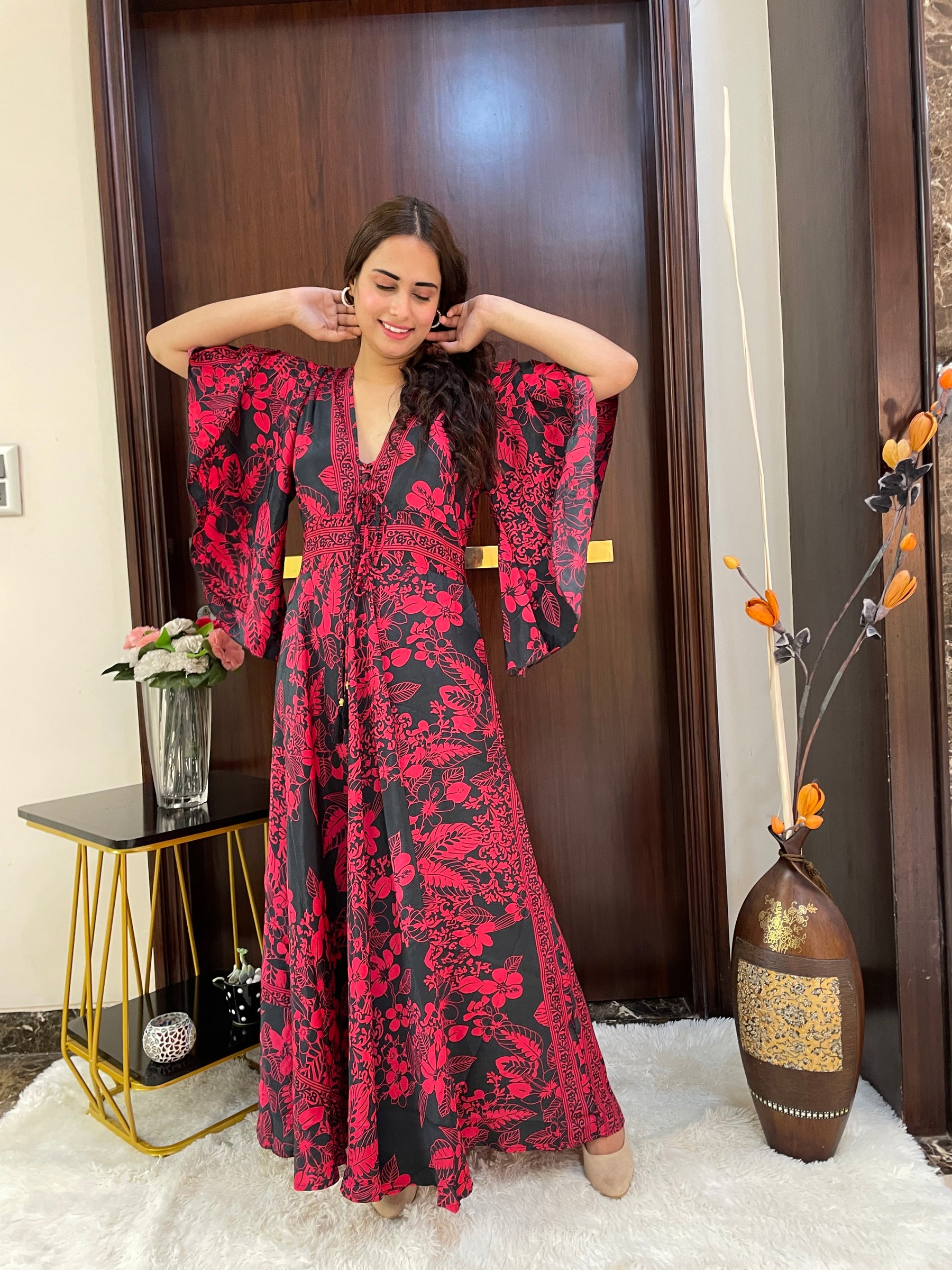 Bell Sleeves Criss Cross Front Boho Printed Maxi Dress -  Red