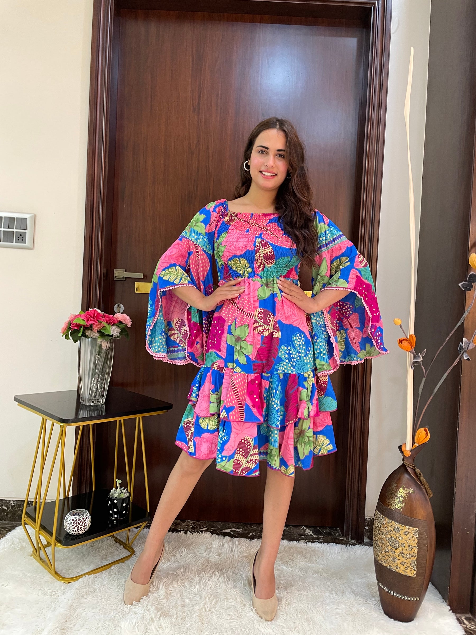 Elasticated Bust Bell Sleeves Boho Printed Short Dress - Blue