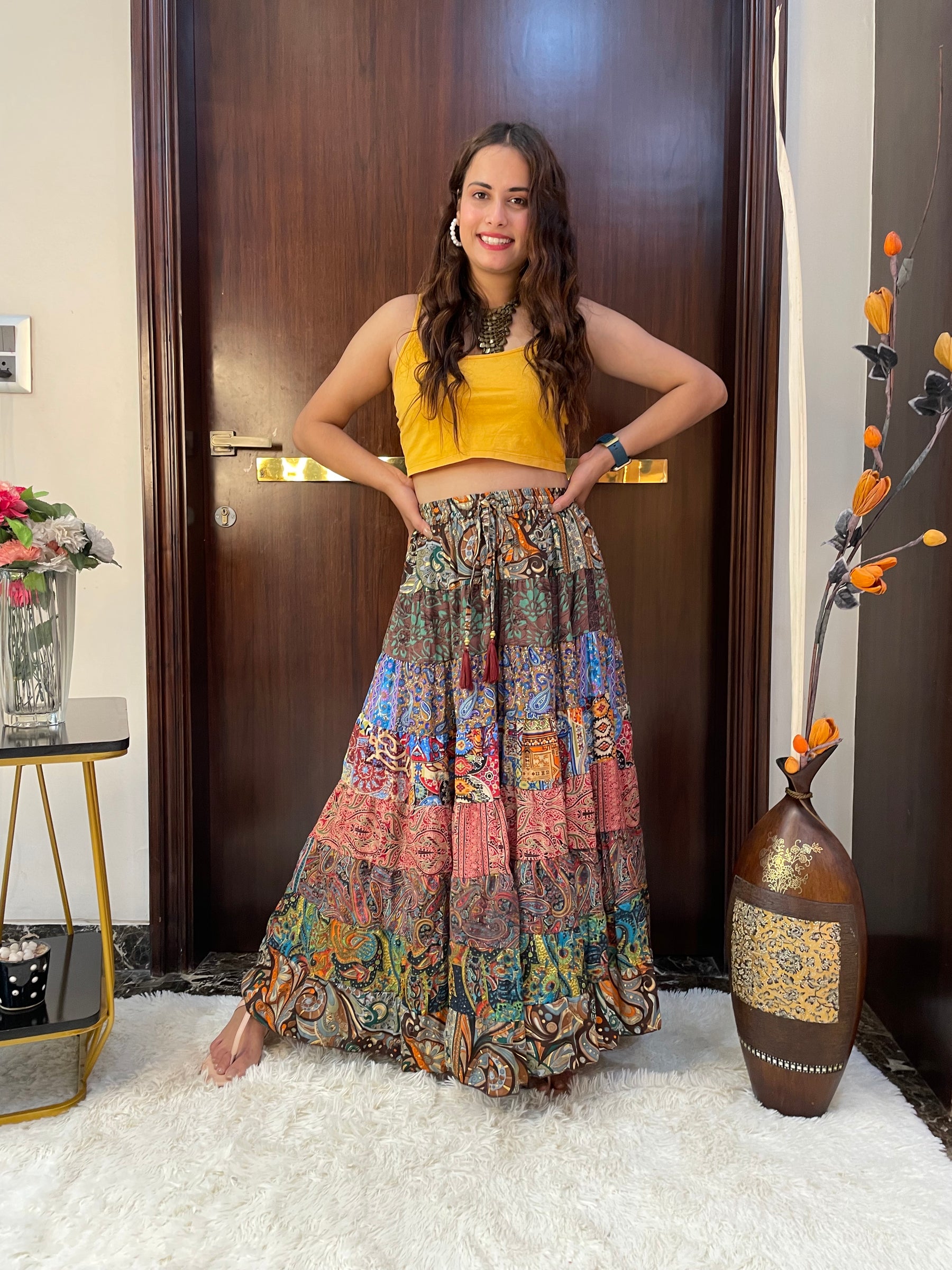 Multi Panel Boho Printed Long Skirt - Chromatic Nightfall