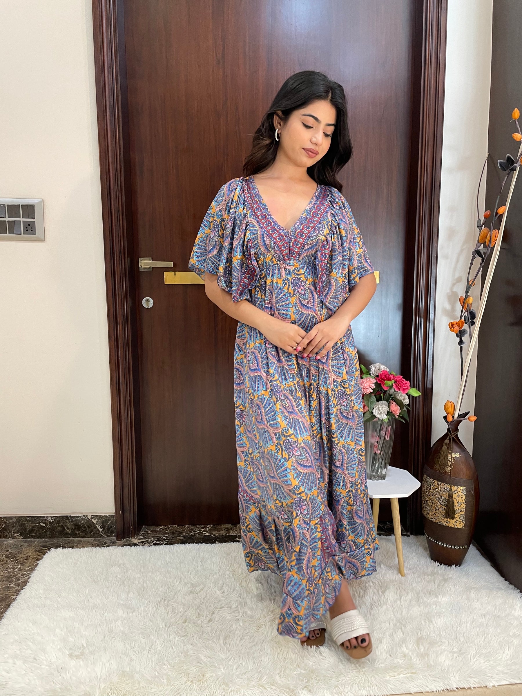 Deep V neck gold (foil) print featured boho maxi dress-Smisingbee