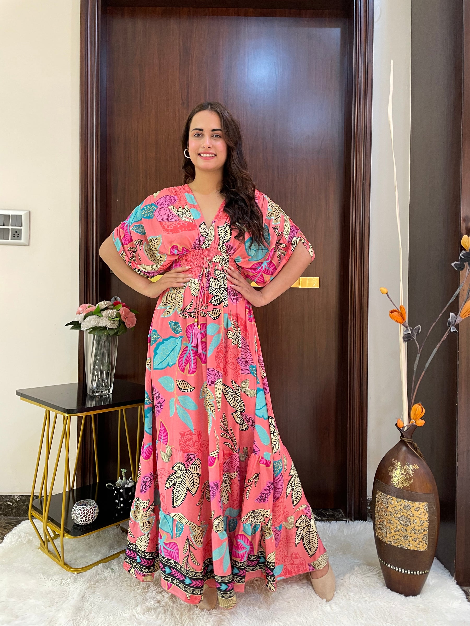 Balloon Pattern Boho Printed Maxi Dress - Peach Punk