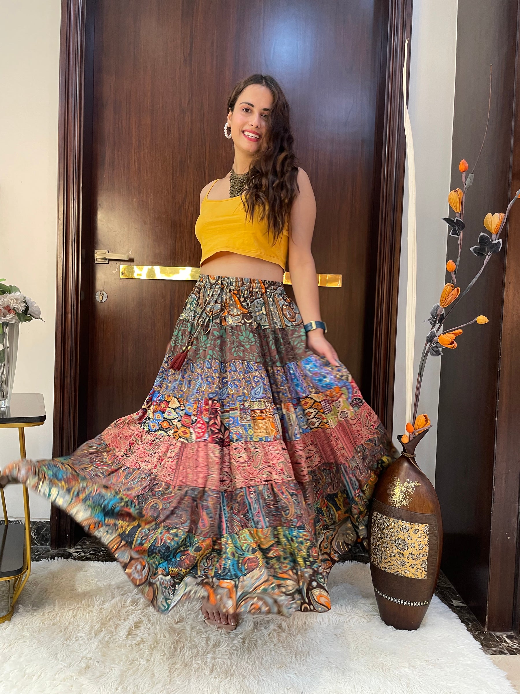 Multi Panel Boho Printed Long Skirt - Chromatic Nightfall