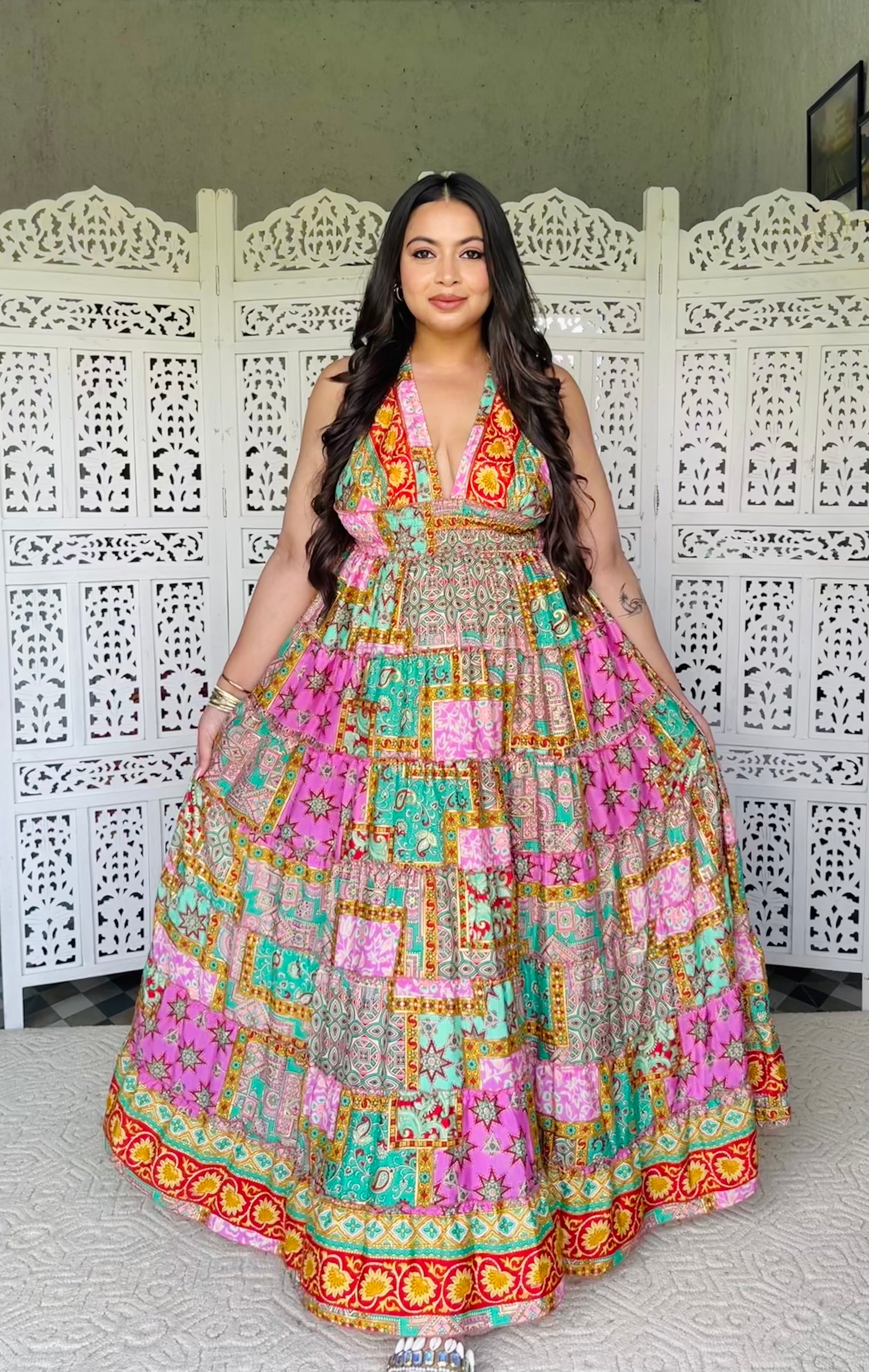 Halter Neck Multi Panel Boho printed Maxi Dress - Rainbow Rhythm