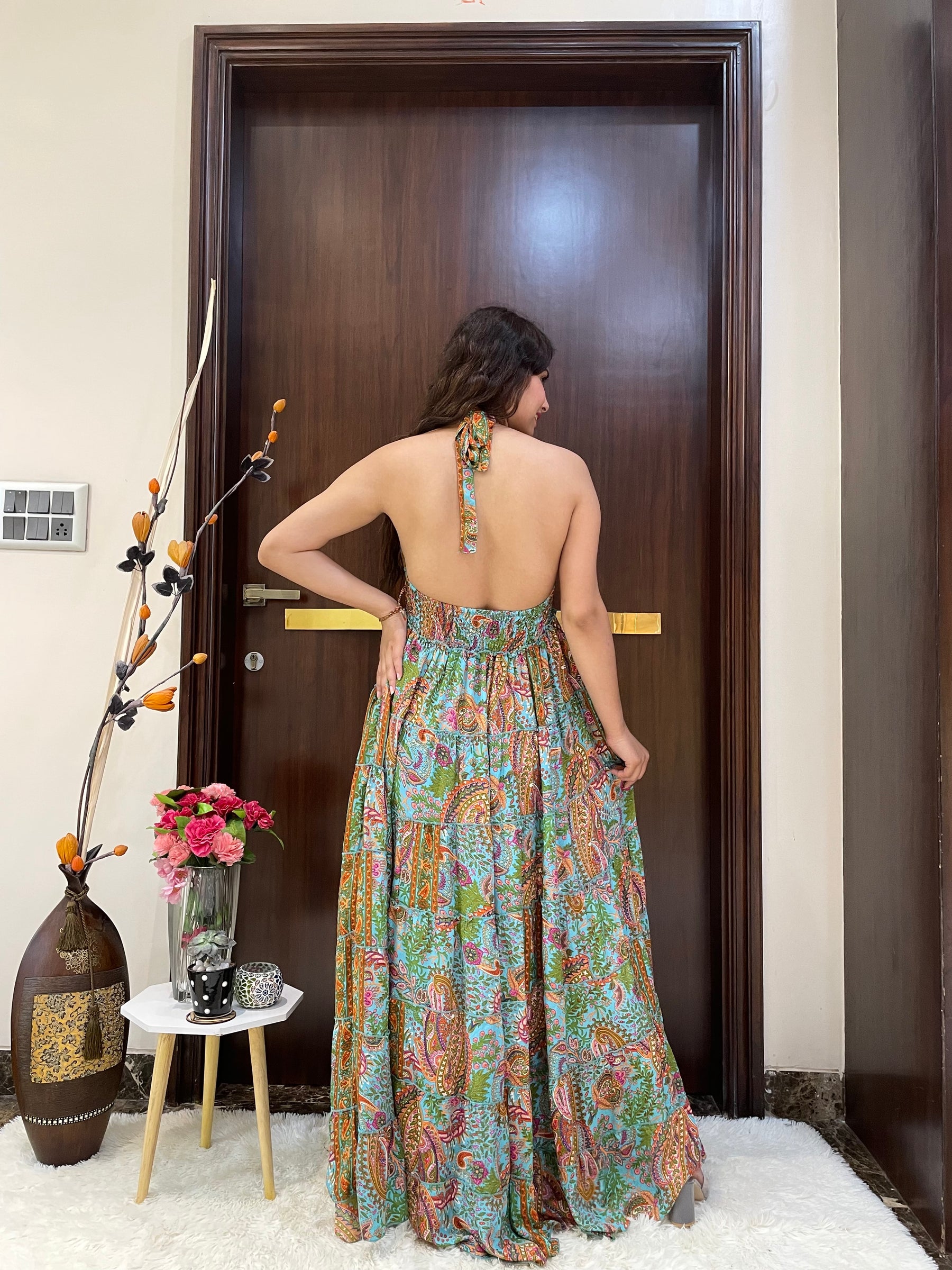 Halter Neck Multi Panel Boho printed Maxi Dress In Blue