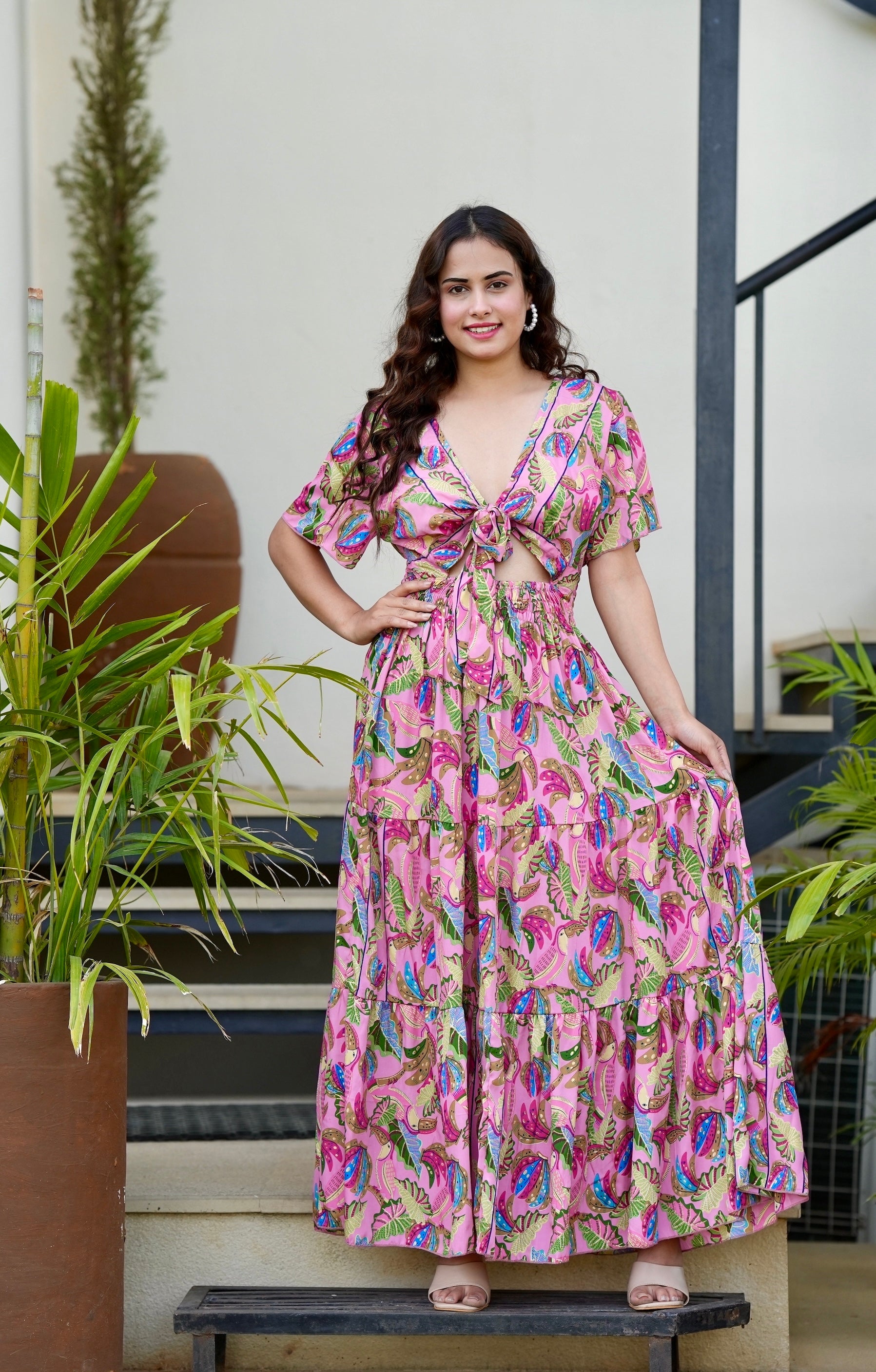 Tie front ruffle hem gold(foil) print featured maxi dress- Candyfloss Smisingbee