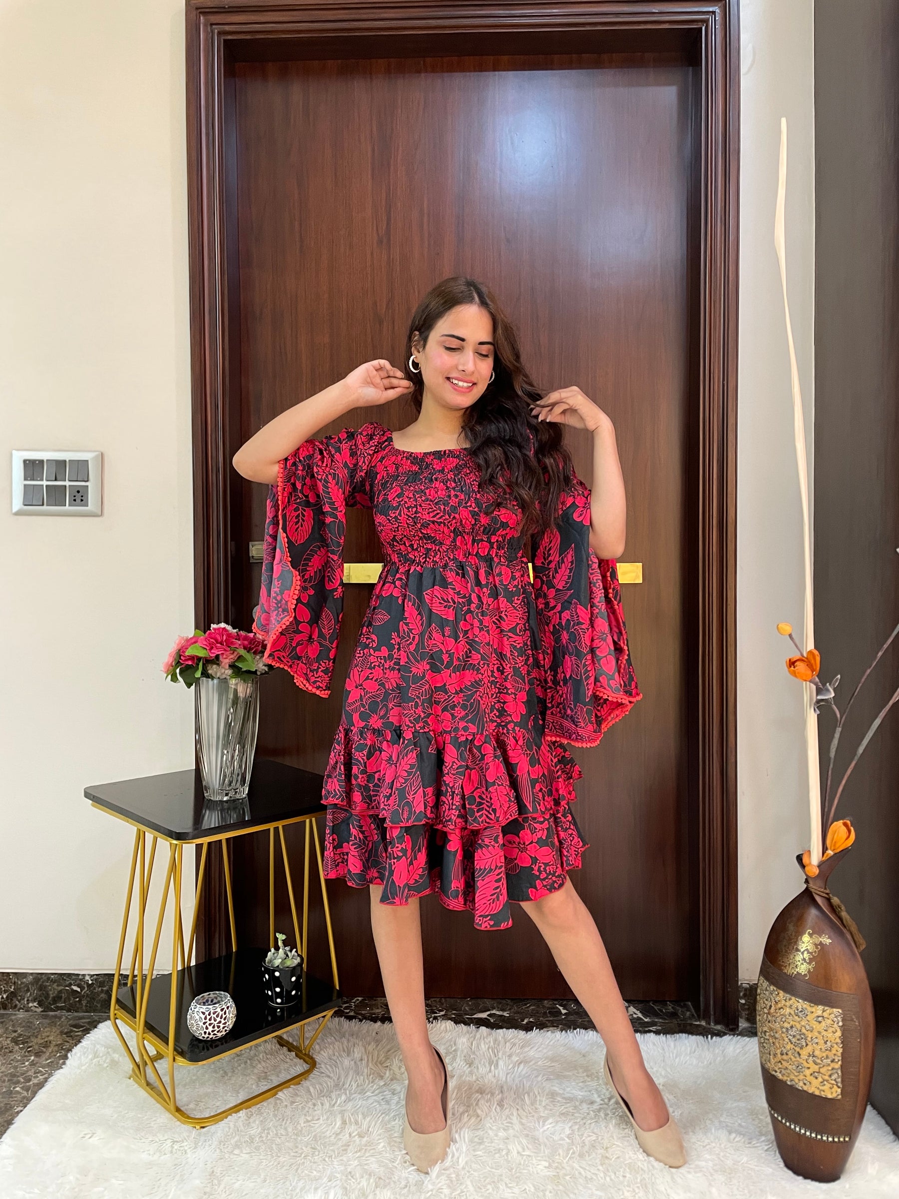 Elasticated Bust Bell Sleeves Boho Printed Short Dress - Red
