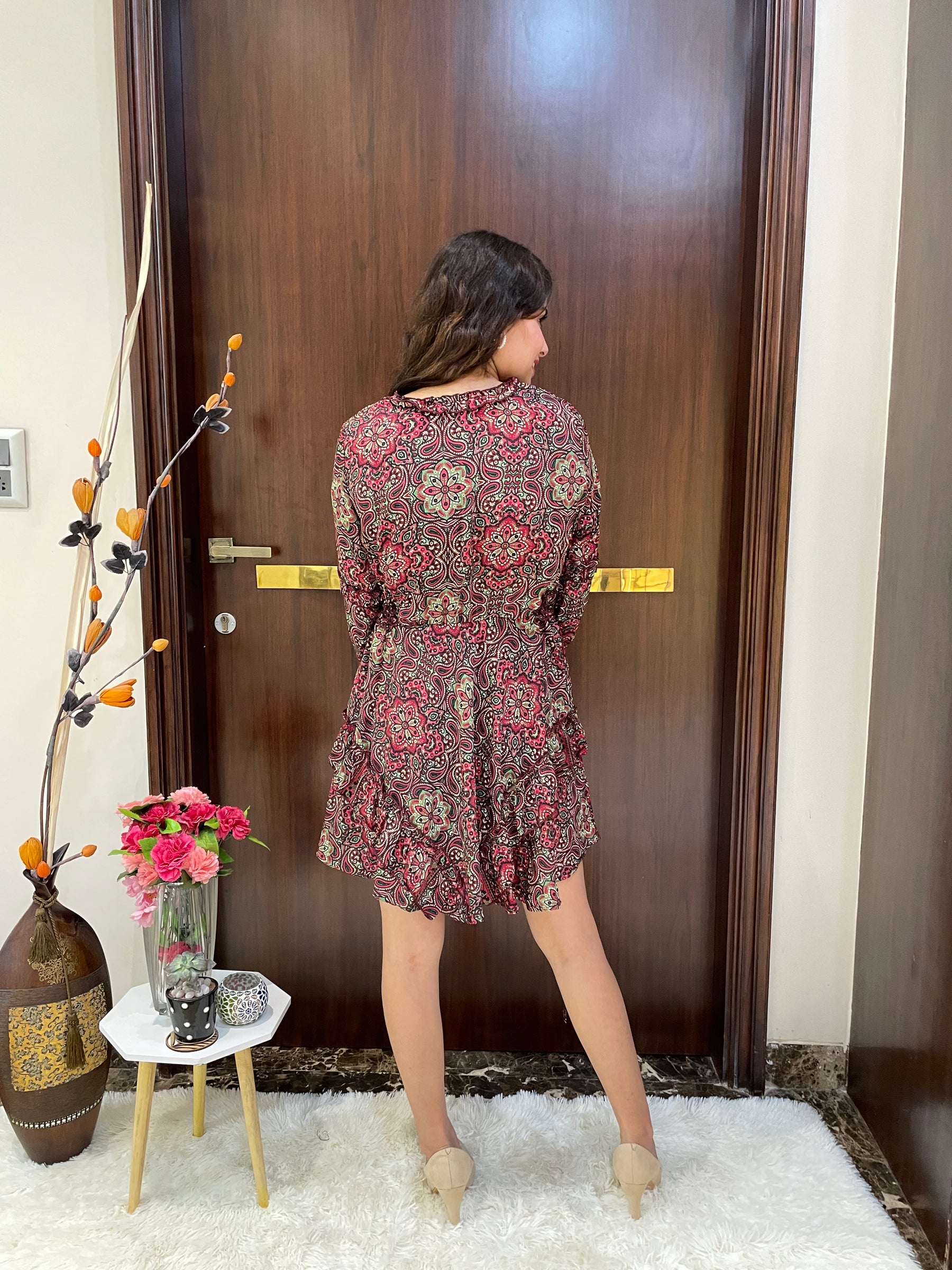 Multi Frill Cut Out Boho Print Short Dress- Red