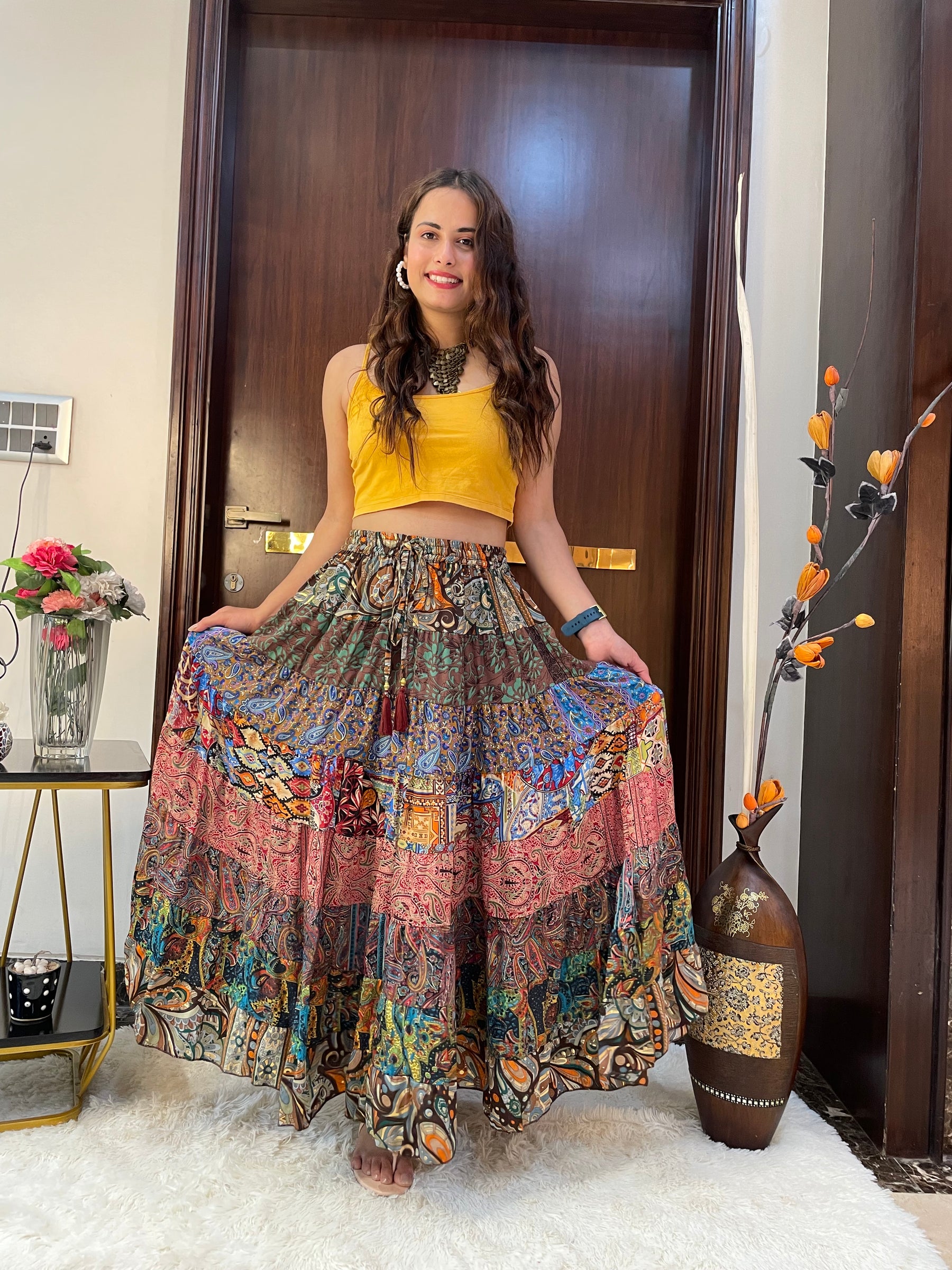 Multi Panel Boho Printed Long Skirt - Chromatic Nightfall
