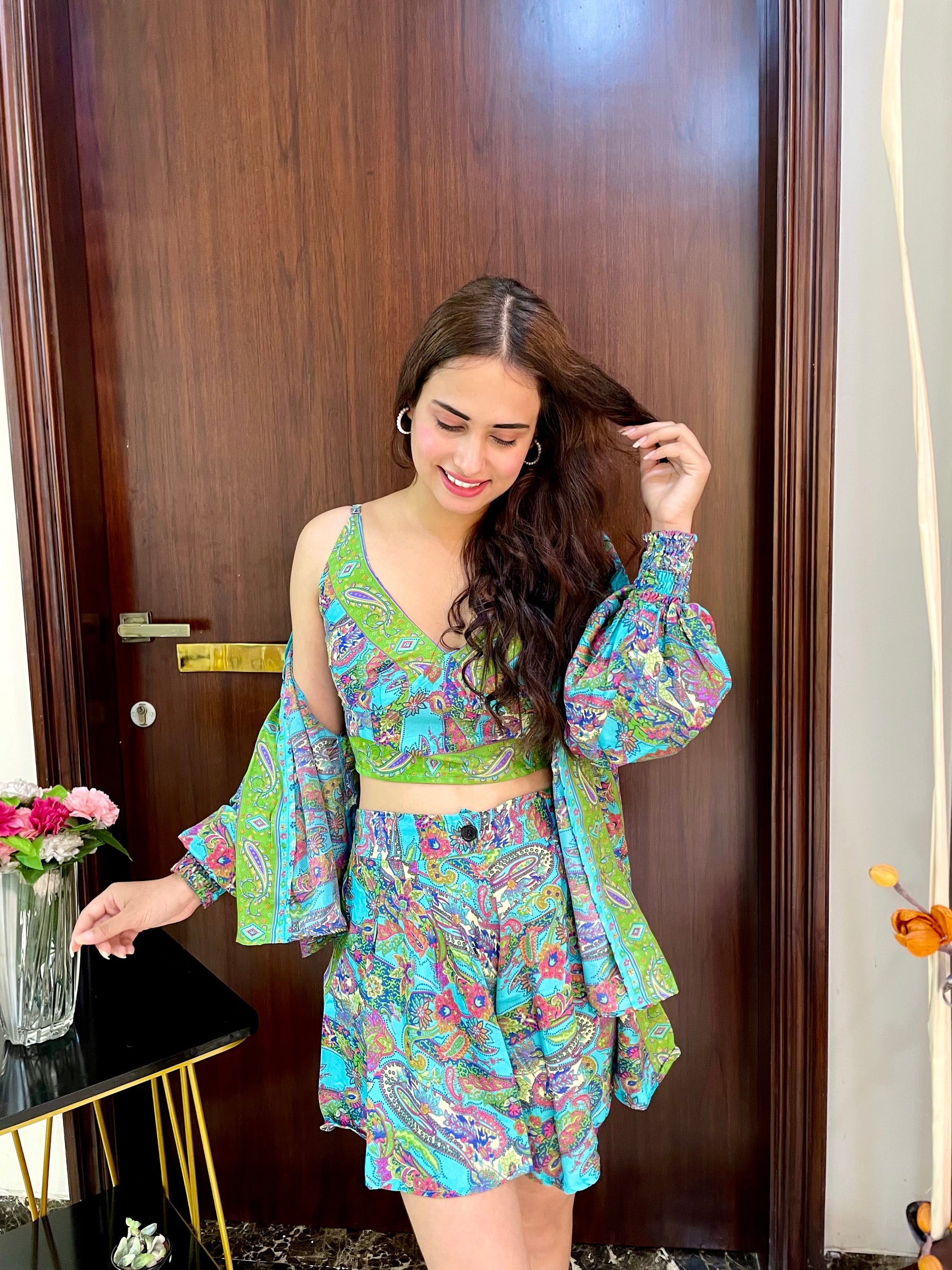 Puff Sleeves Kimono and Shorts Coordinate Set (3 Piece)- Tropical Teal