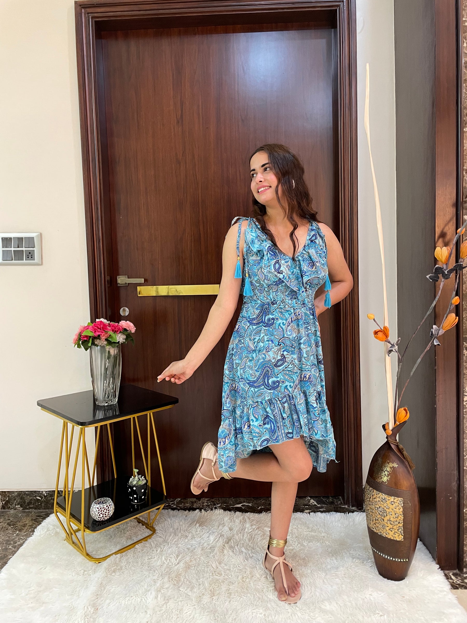 Frilled Flair Boho Printed Short Dress- Blue