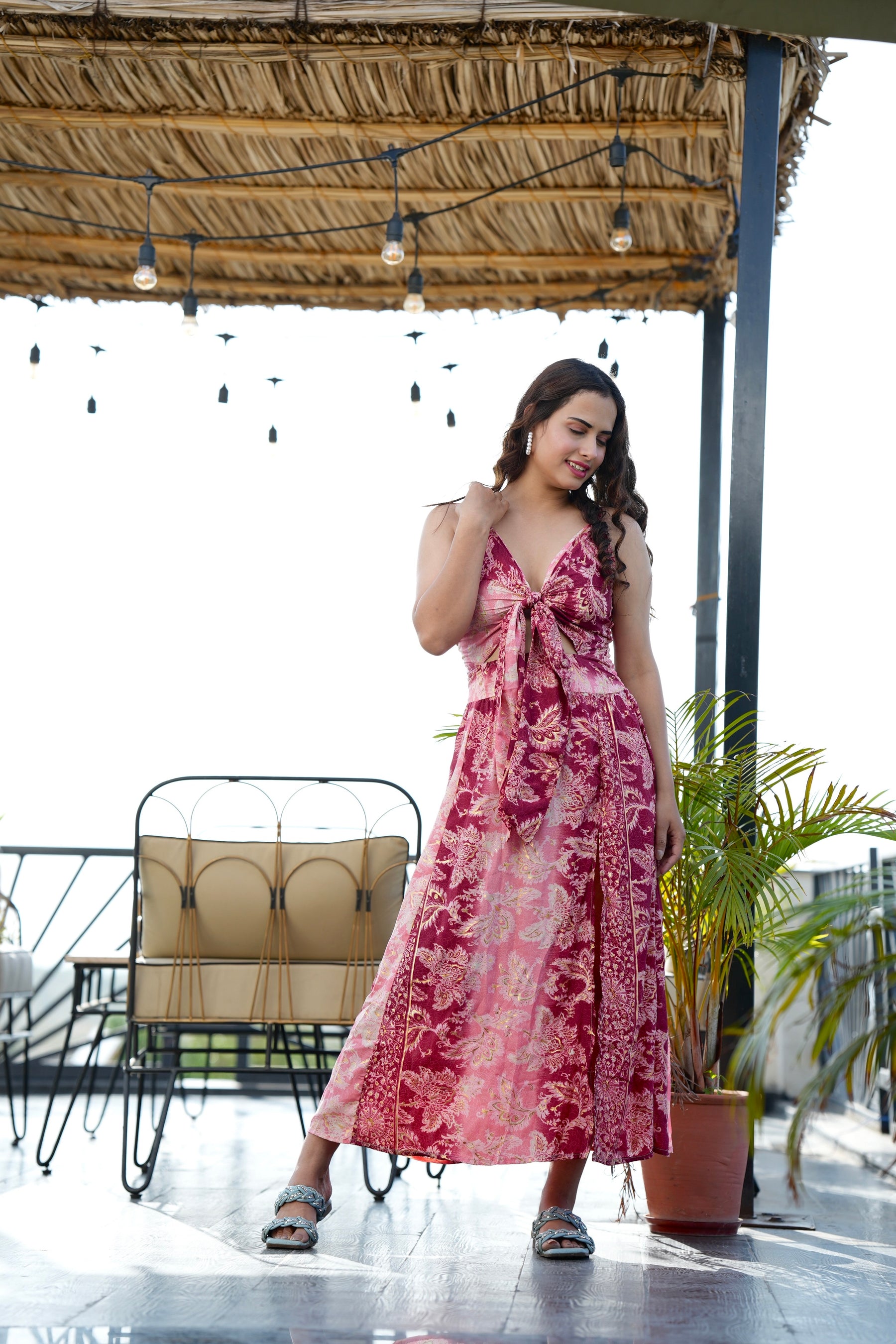 Tie Front Side Slit Boho Maxi Dress - Blusing Elegance