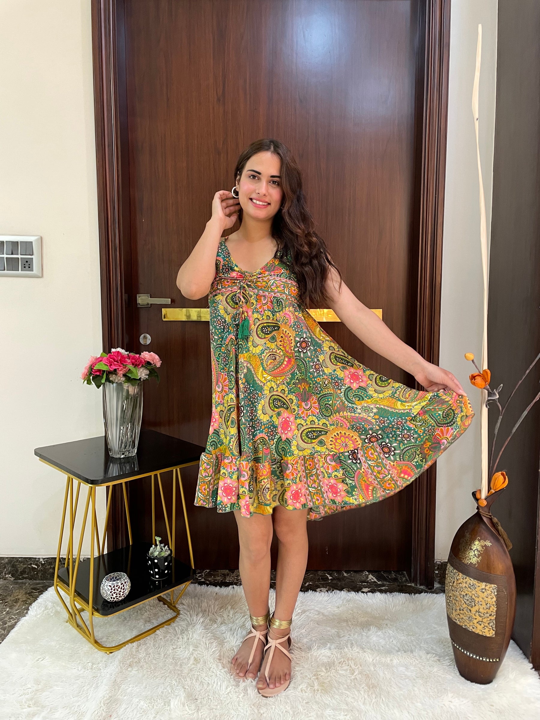 Ruched Bust Boho Printed Short Dress - Lime Sunshine