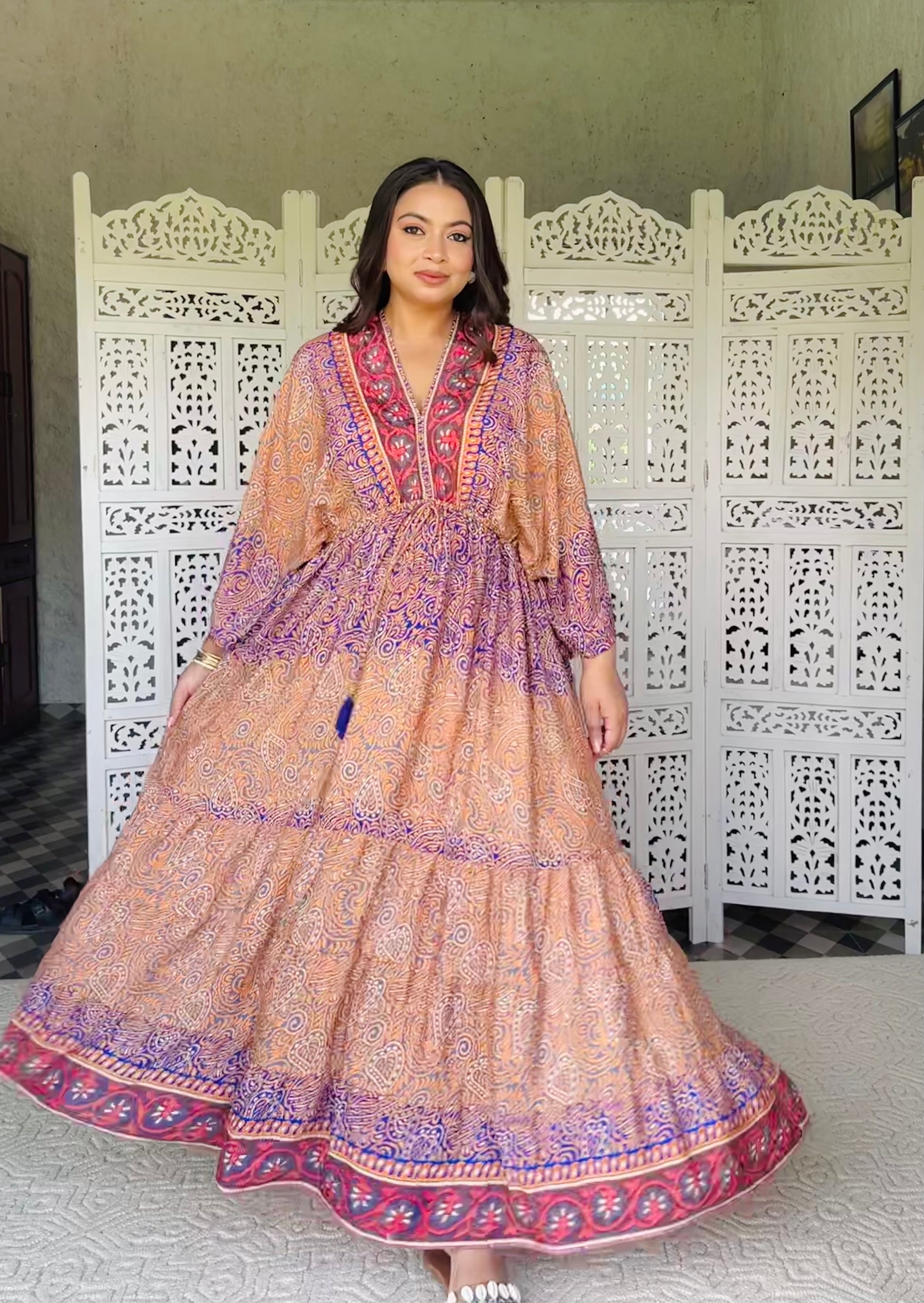 SmisingBee Curve Kaftan Pattern Boho Printed Maxi Dress - Tropical Twilight