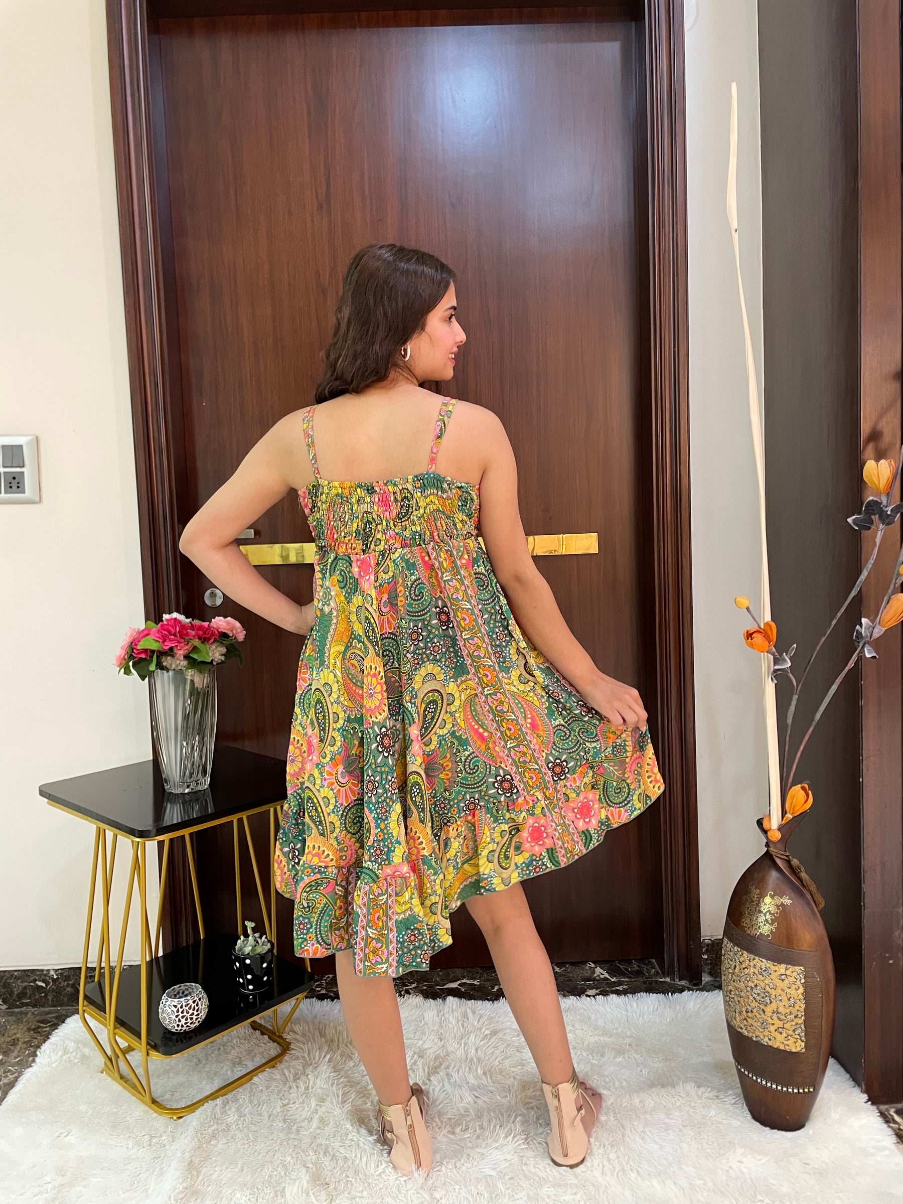 Ruched Bust Boho Printed Short Dress - Lime Sunshine