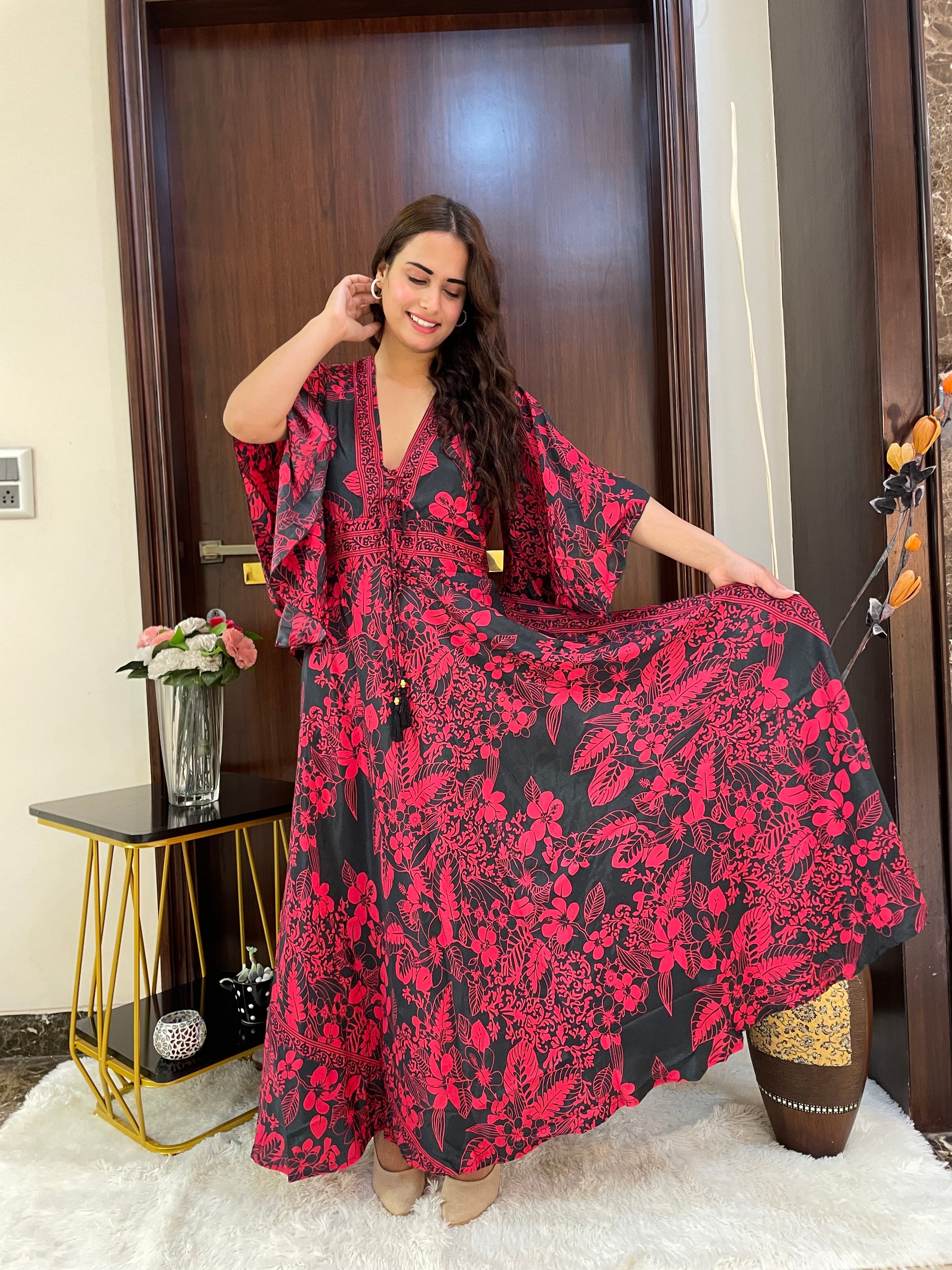 Bell Sleeves Criss Cross Front Boho Printed Maxi Dress - Red