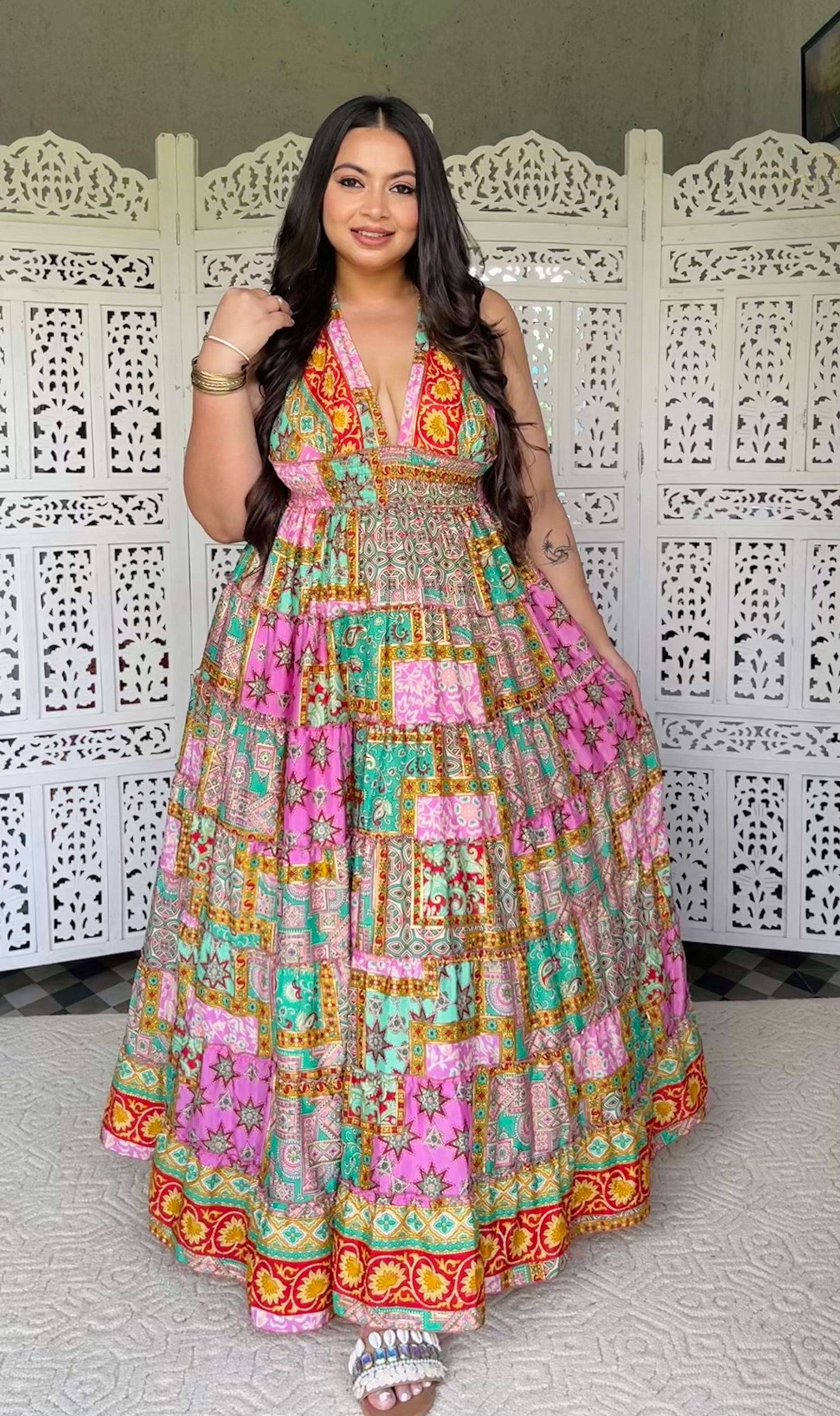 Halter Neck Multi Panel Boho printed Maxi Dress - Rainbow Rhythm