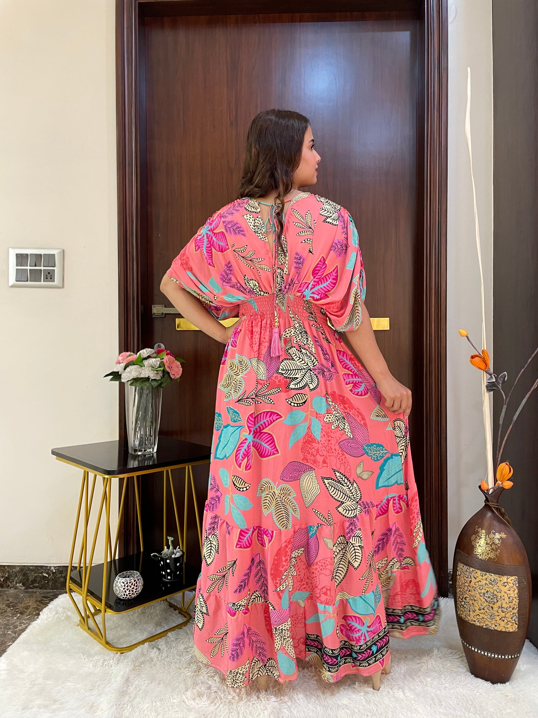 Balloon Pattern Boho Printed Maxi Dress - Peach Punk