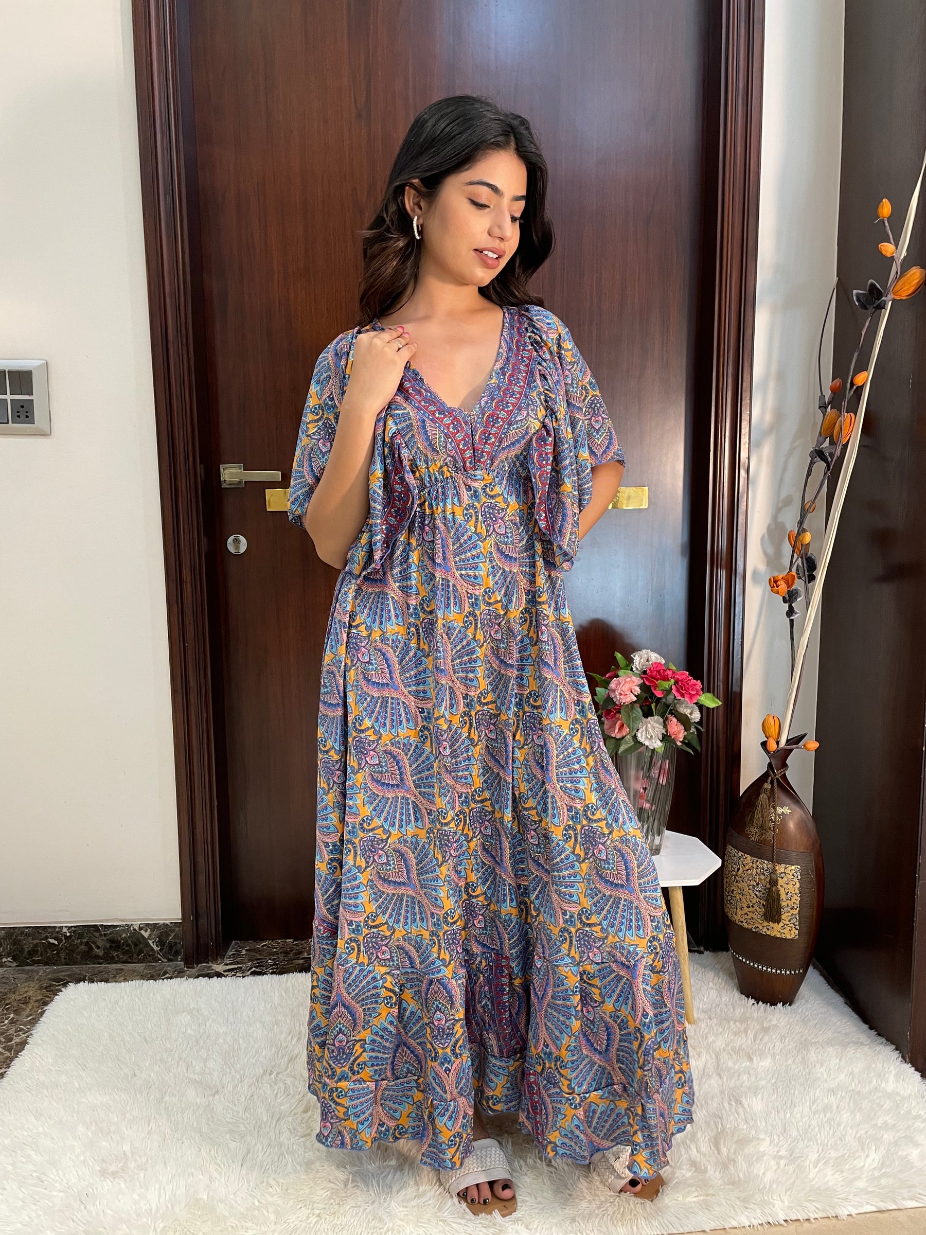 Deep V neck gold (foil) print featured boho maxi dress-Smisingbee