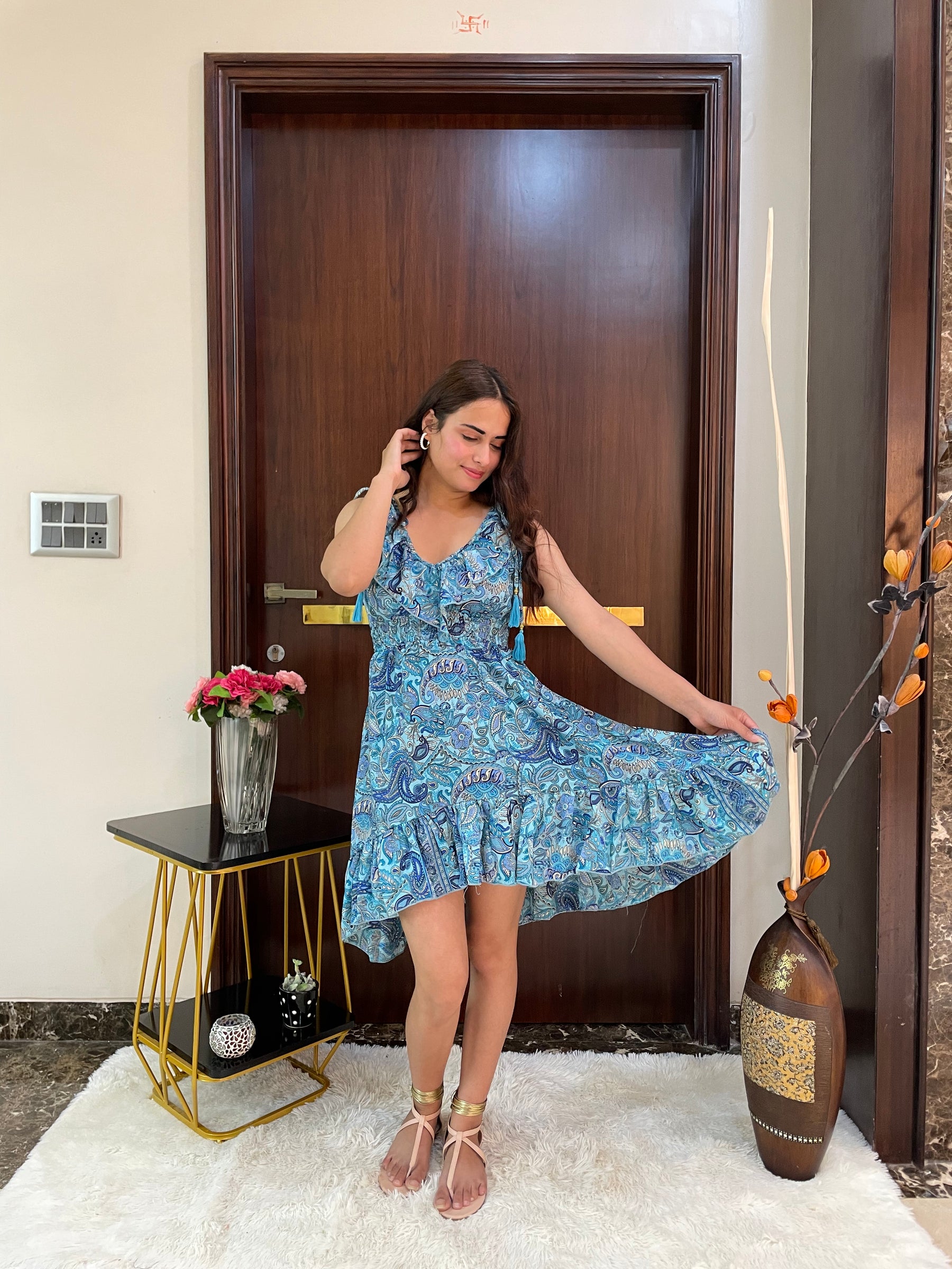 Frilled Flair Boho Printed Short Dress- Blue