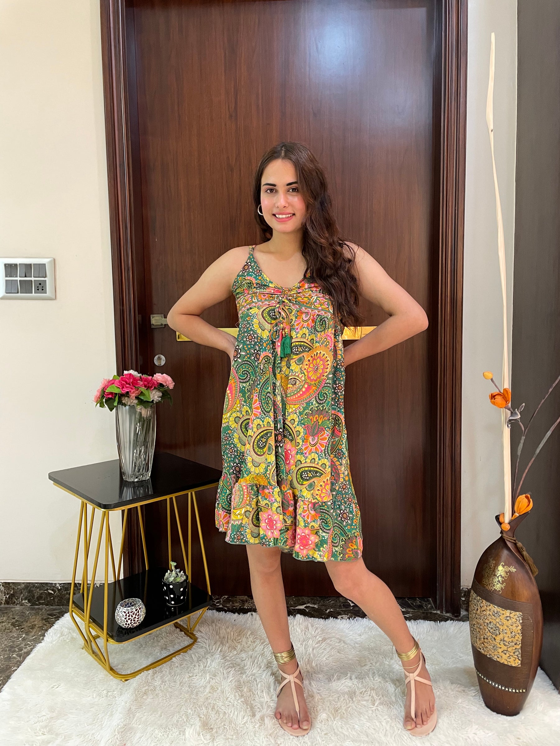 Ruched Bust Boho Printed Short Dress - Lime Sunshine