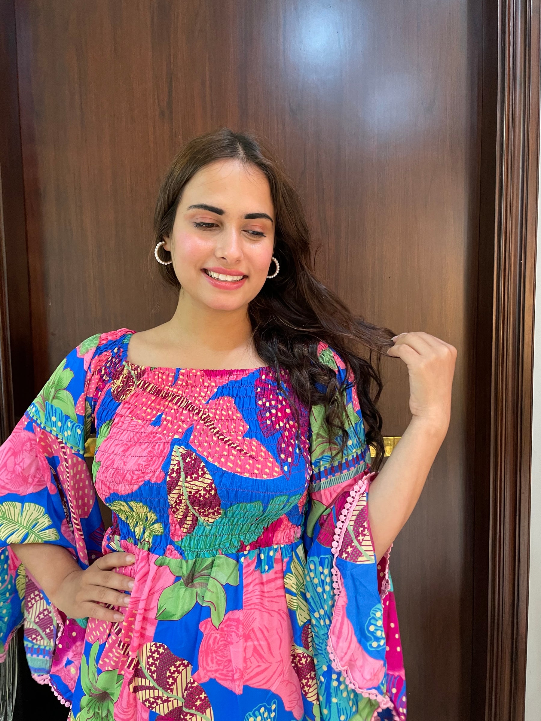 Elasticated Bust Bell Sleeves Boho Printed Short Dress - Blue