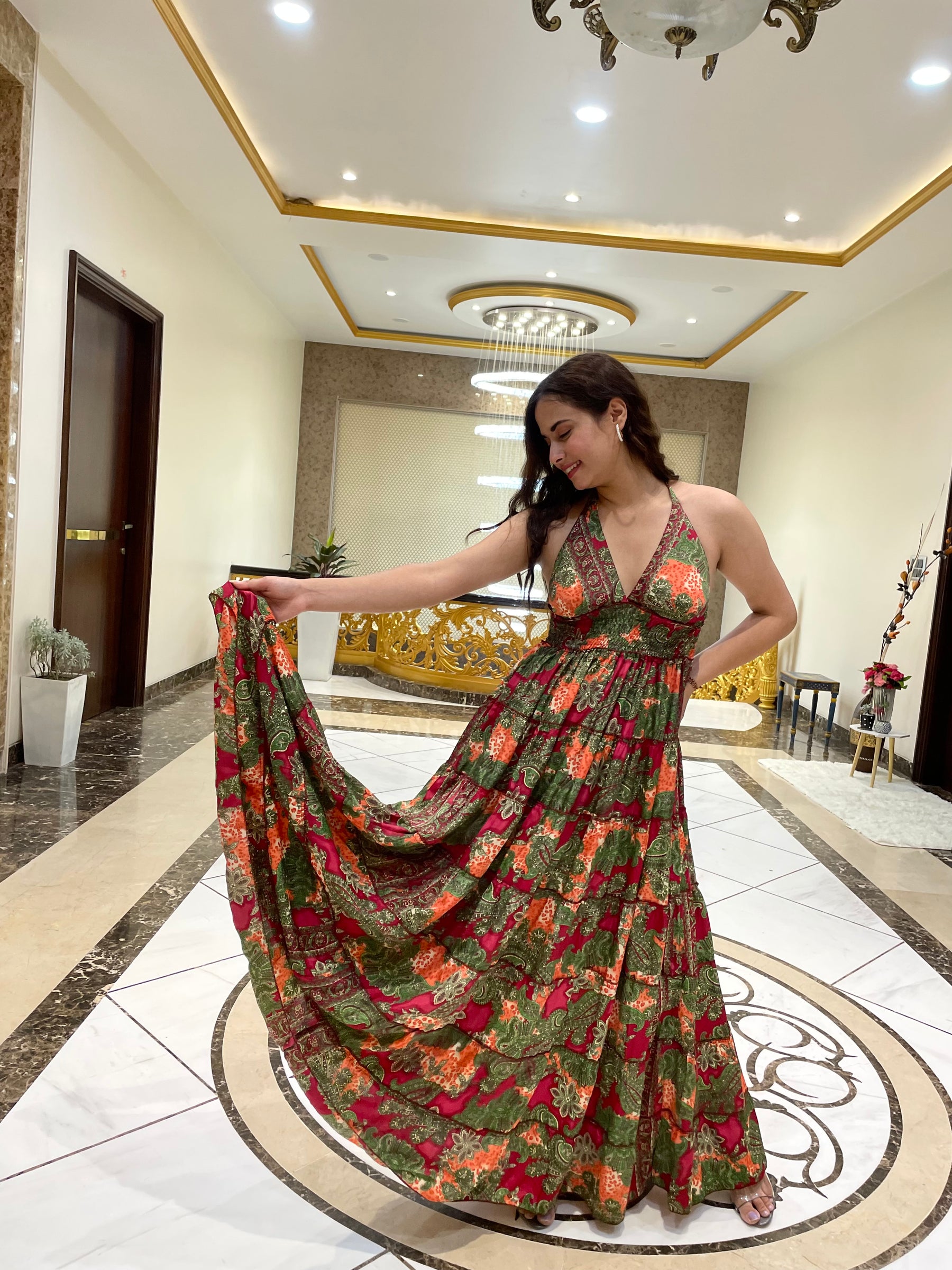 Halter Neck Multi Panel Boho printed Maxi Dress In Red and Green
