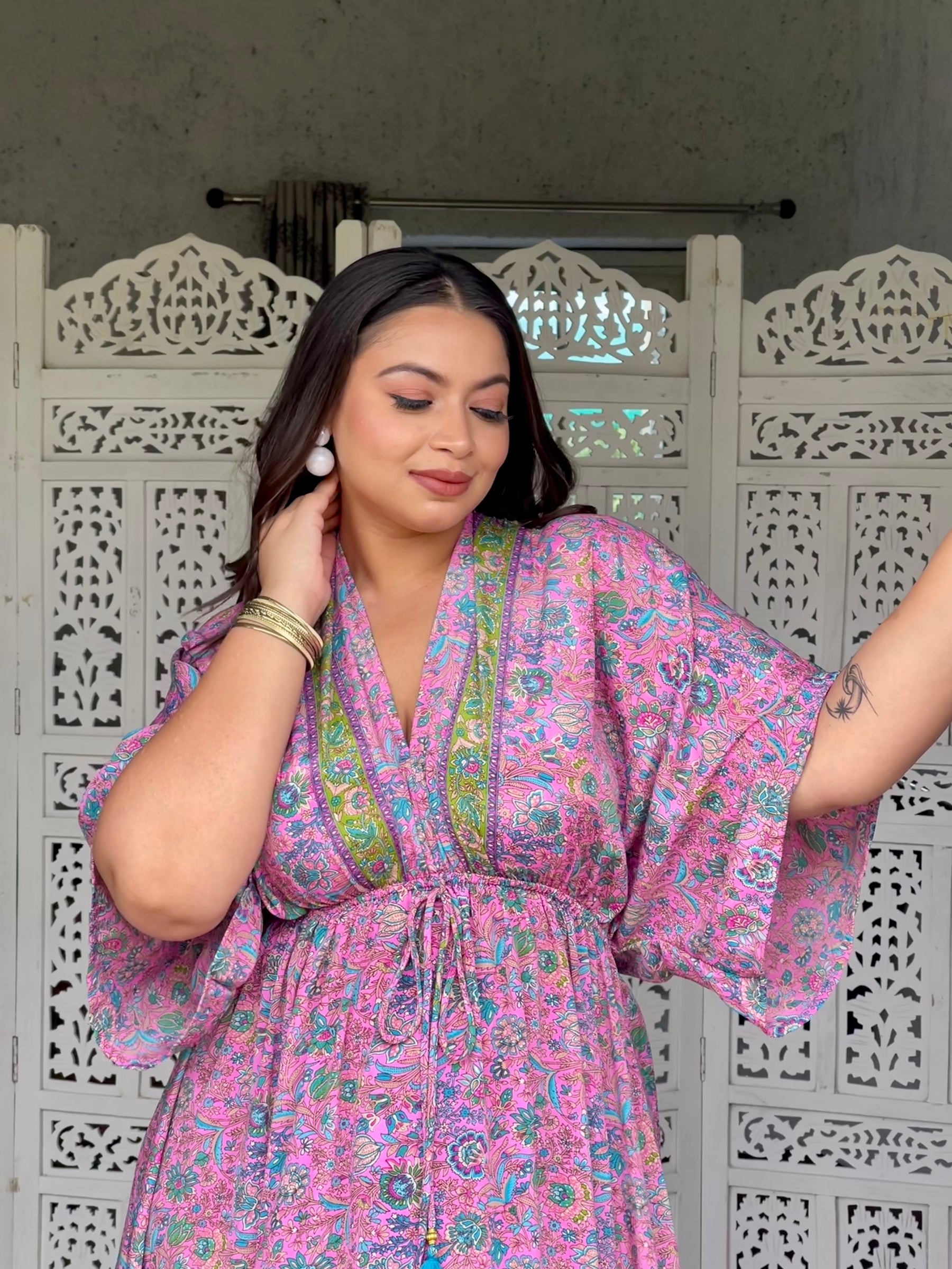 SmisingBee Curve Kaftan Pattern Boho Printed Maxi Dress - Pink Petal