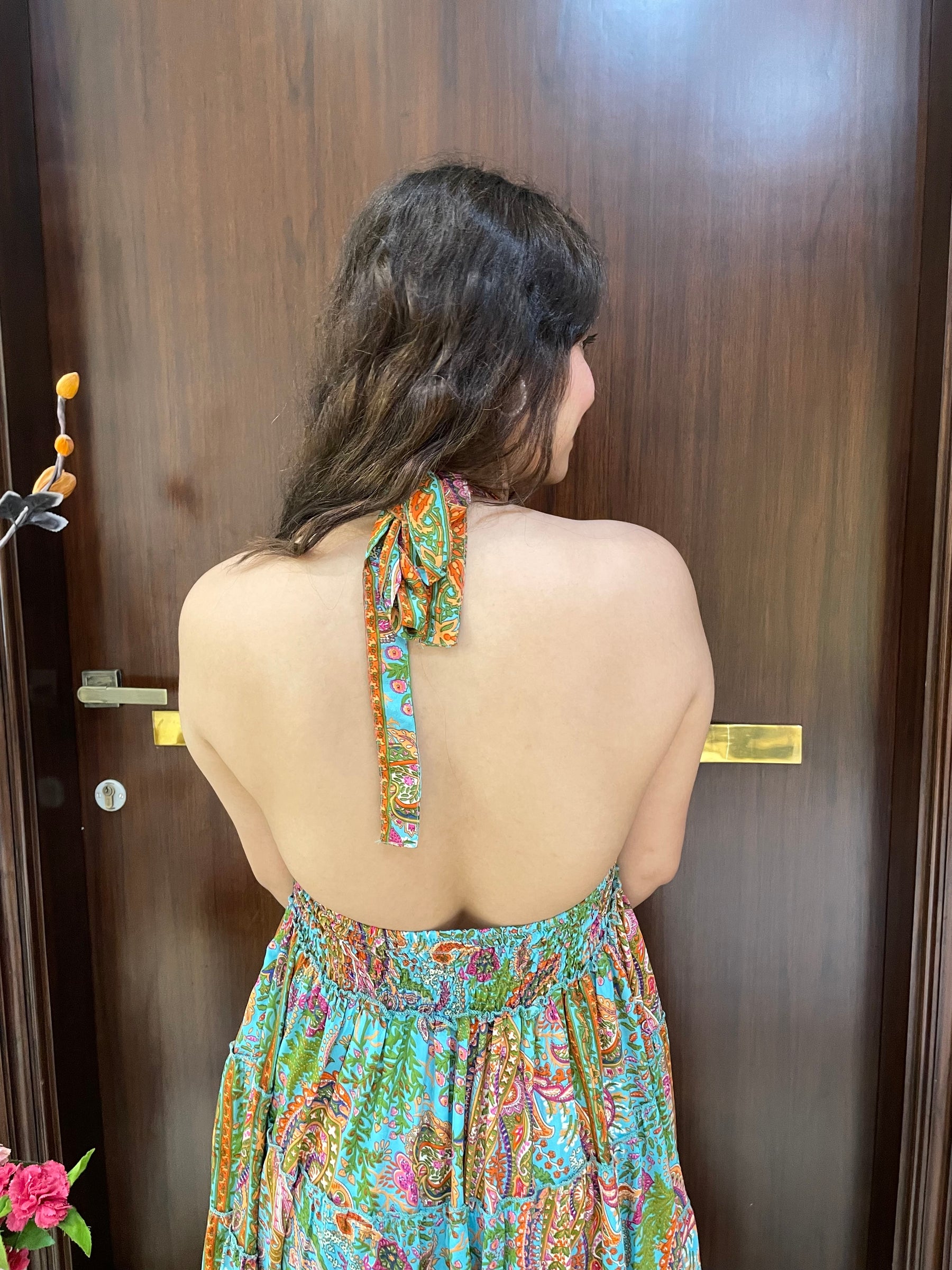 Halter Neck Multi Panel Boho printed Maxi Dress In Blue