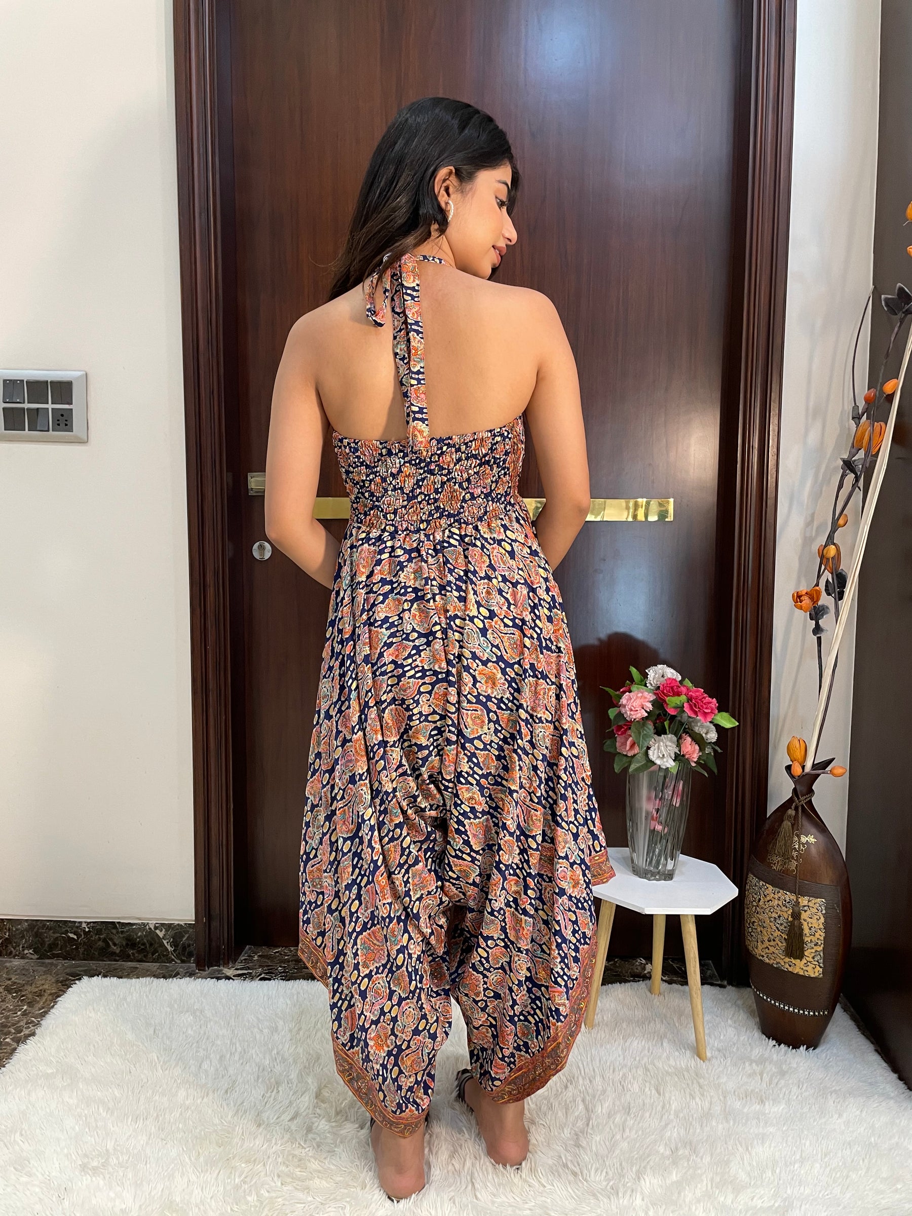 Backless Boho Printed Jumpsuit- Blue
