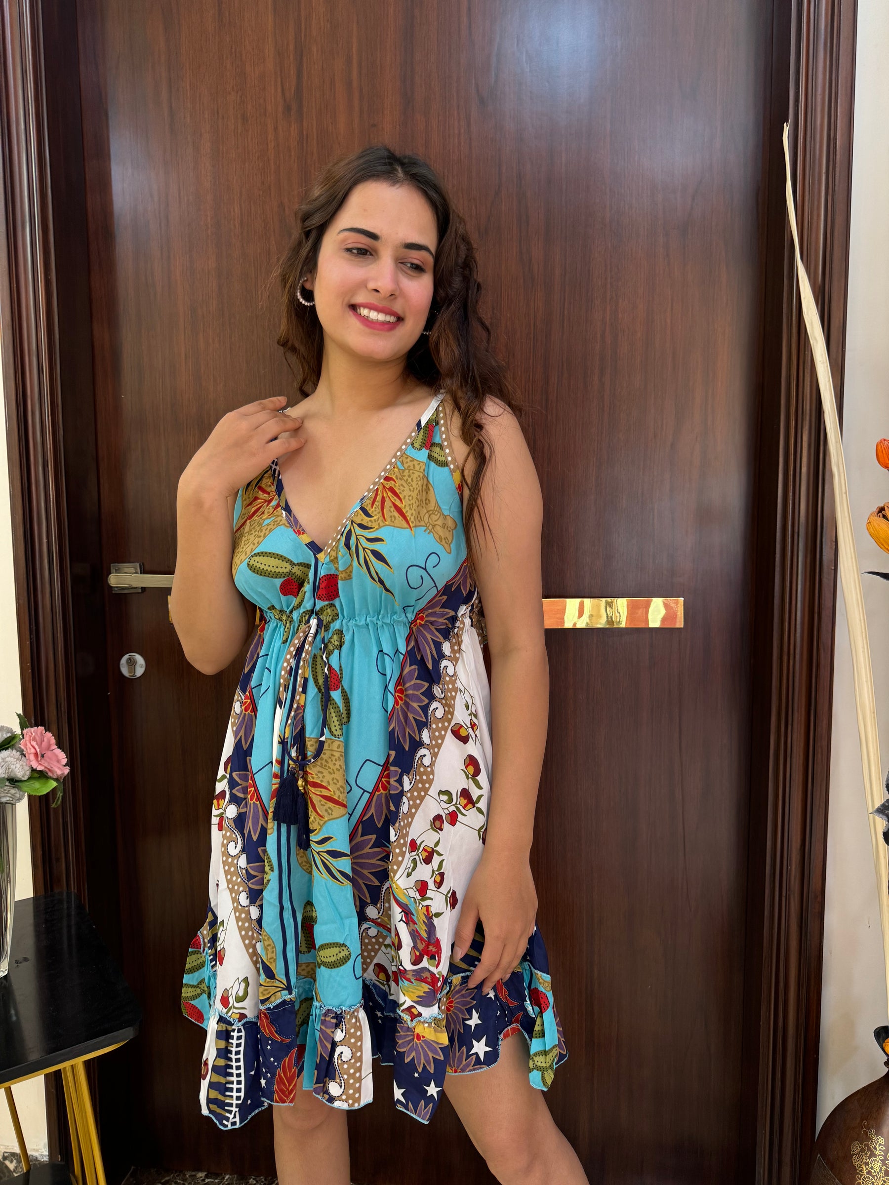Frilled Flair Back Boho Printed Short Dress- Starlight SmisingBee