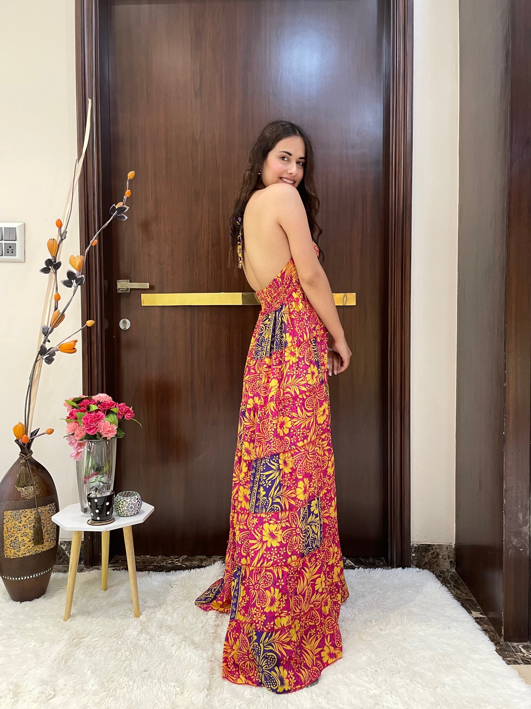 Halter Neck Multi Panel Boho printed Maxi Dress In Red and Blue