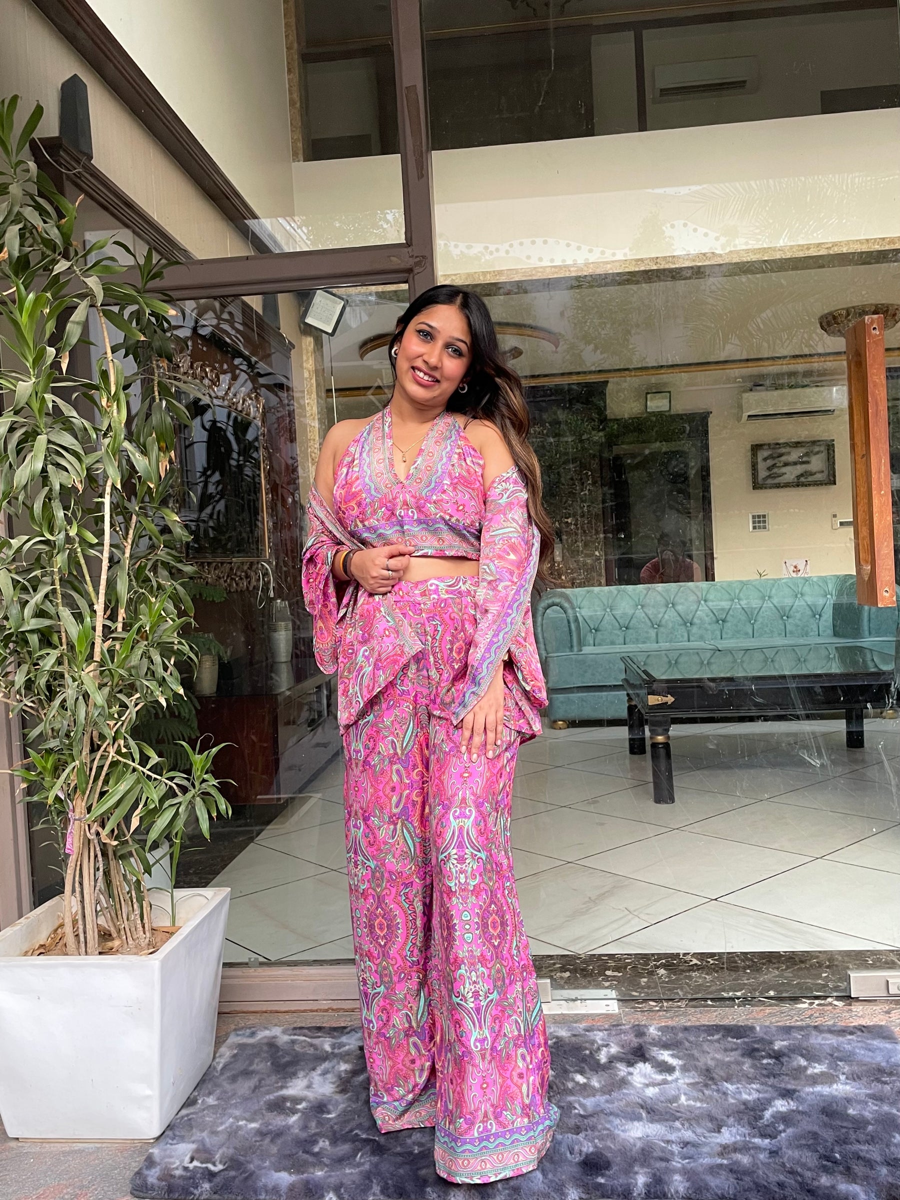 Boho Printed Bell Sleeves Kimono Coordinate Set - Rosy Blush