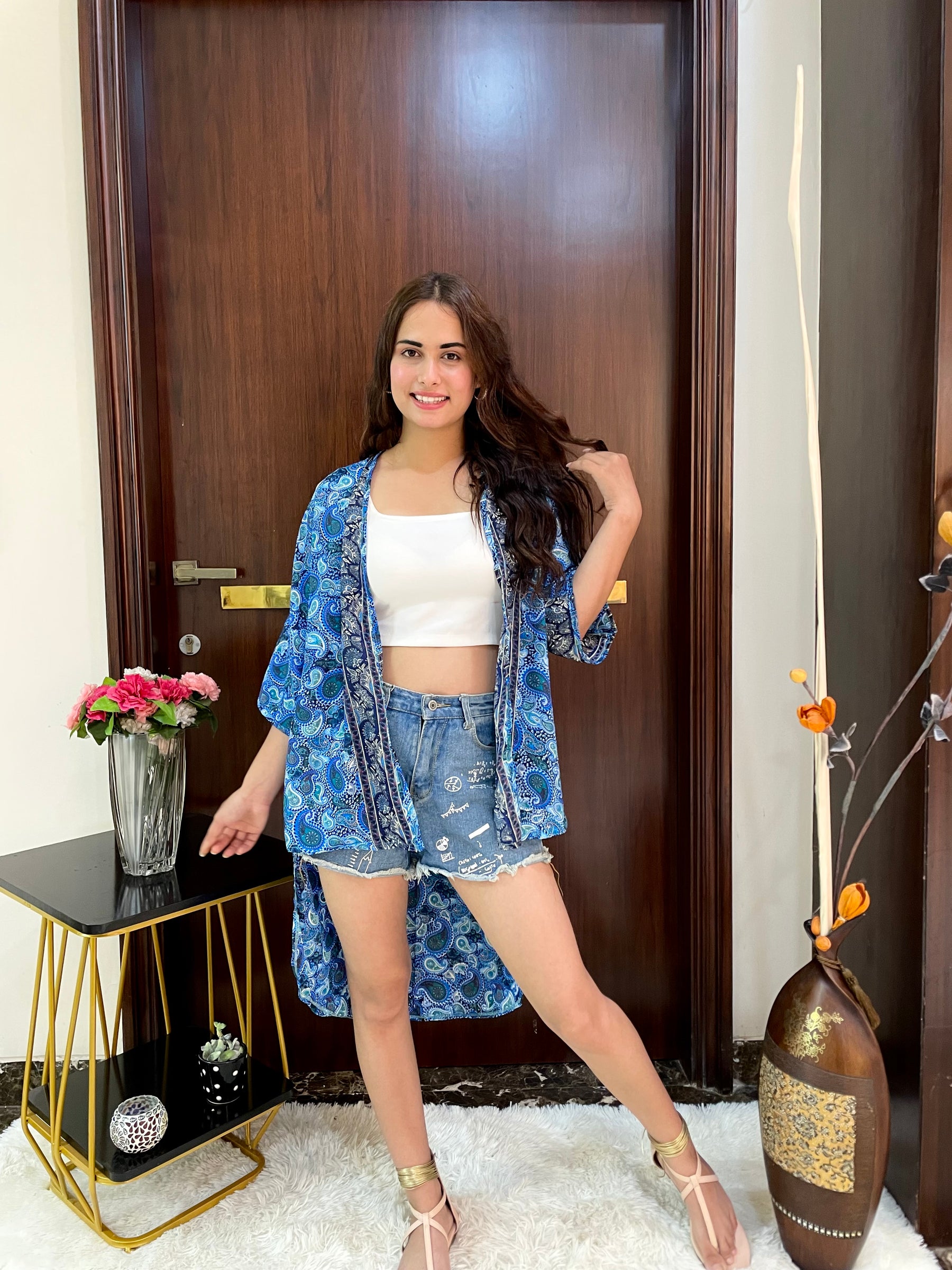 Asymmetric Boho Printed Kimono - Ocean Hues