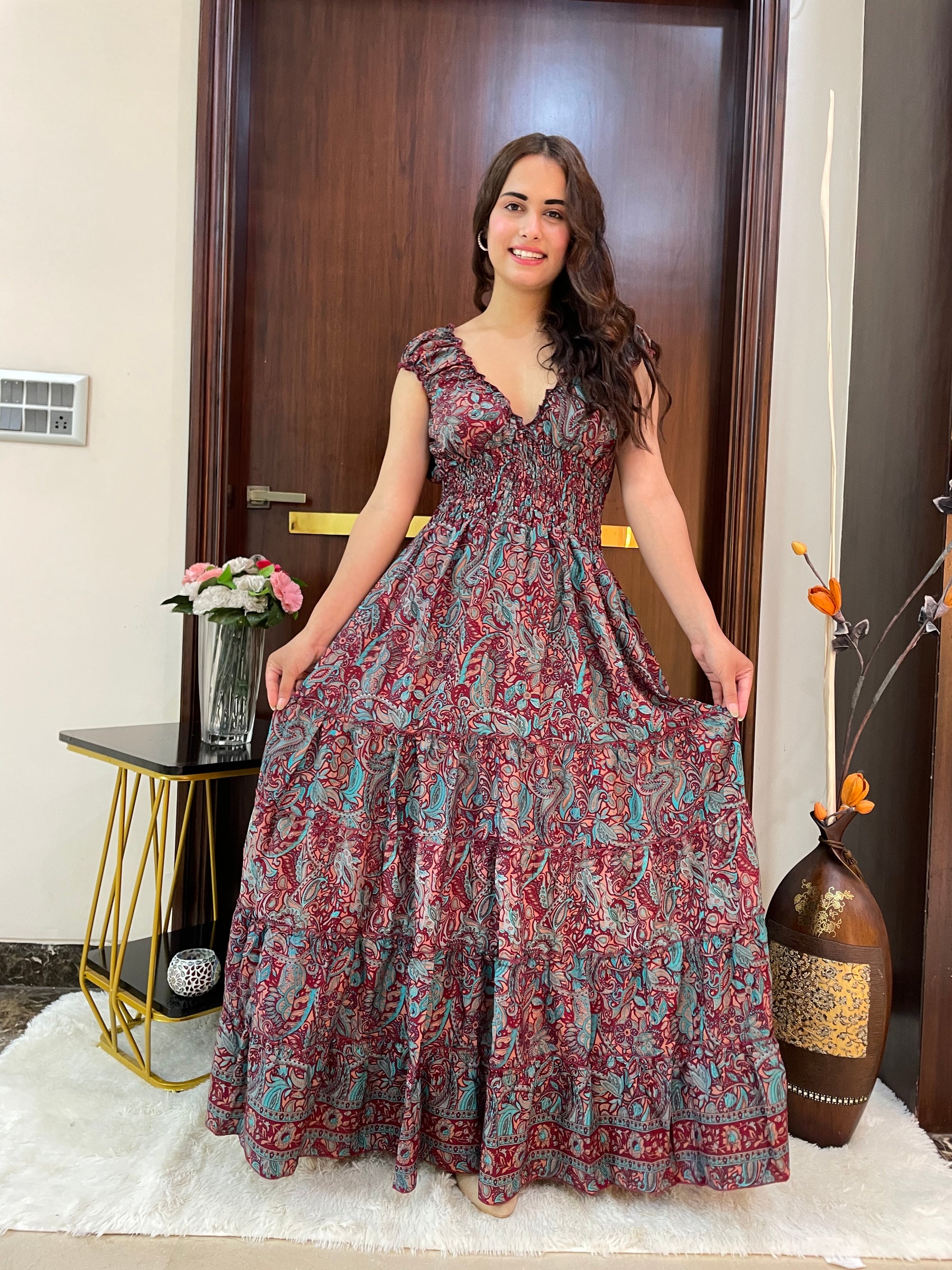 Classic Charm Boho Printed Maxi Dress - Cocoa Delight Dress