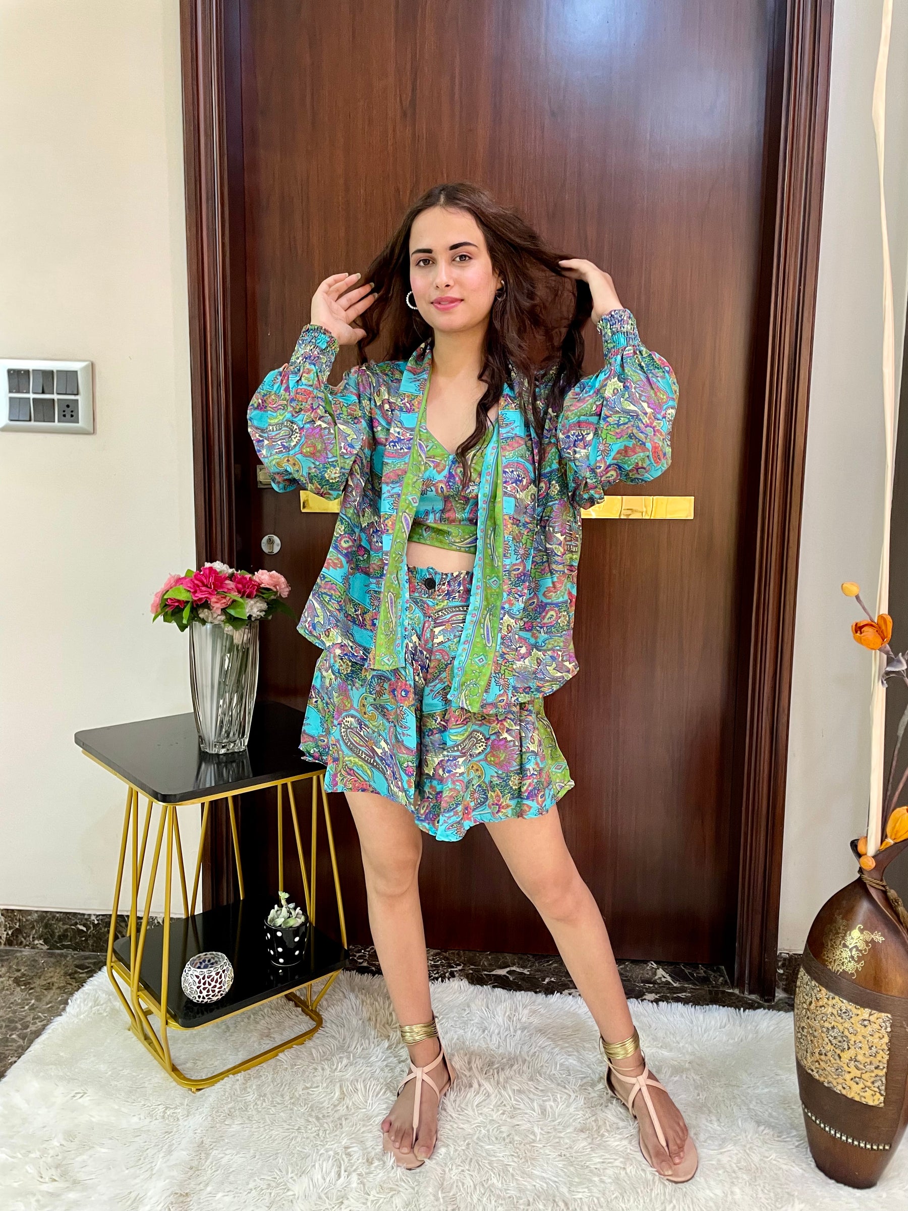 Puff Sleeves Kimono and Shorts Coordinate Set (3 Piece)- Tropical Teal