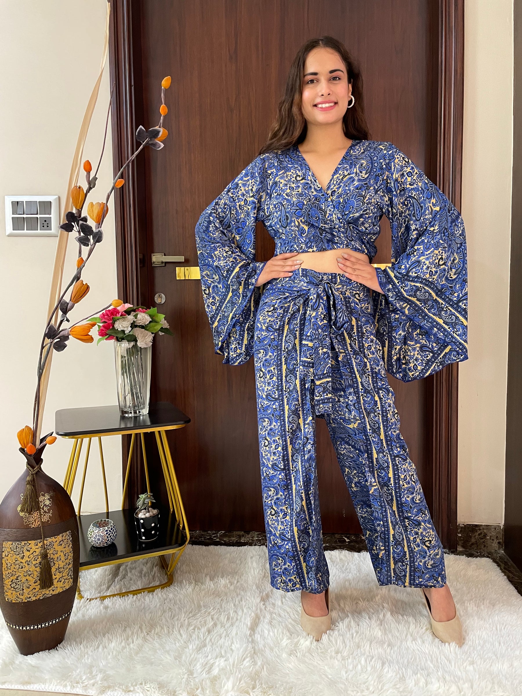 Boho Printed Wrap Top - Blue
