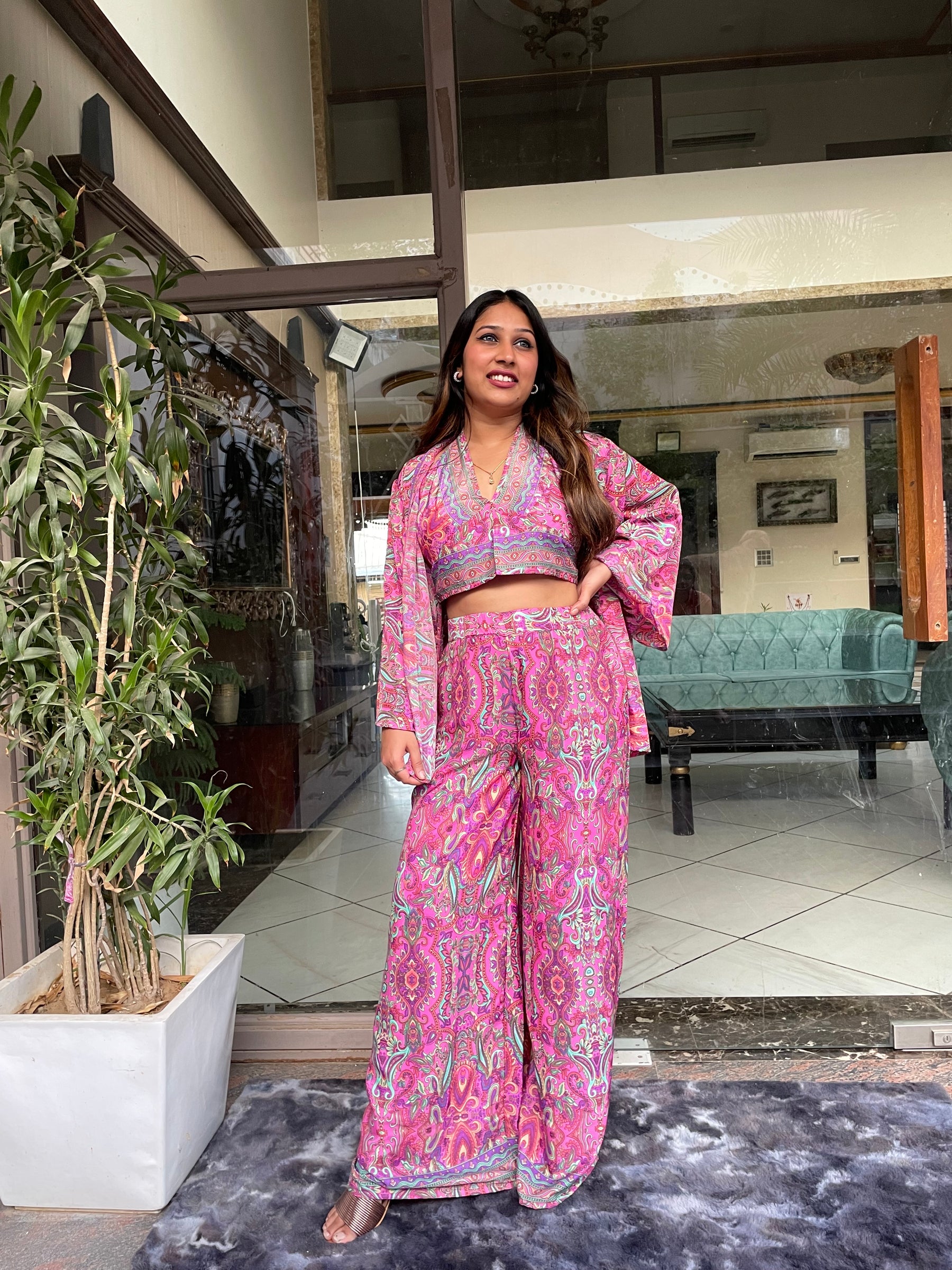 Boho Printed Bell Sleeves Kimono Coordinate Set - Rosy Blush