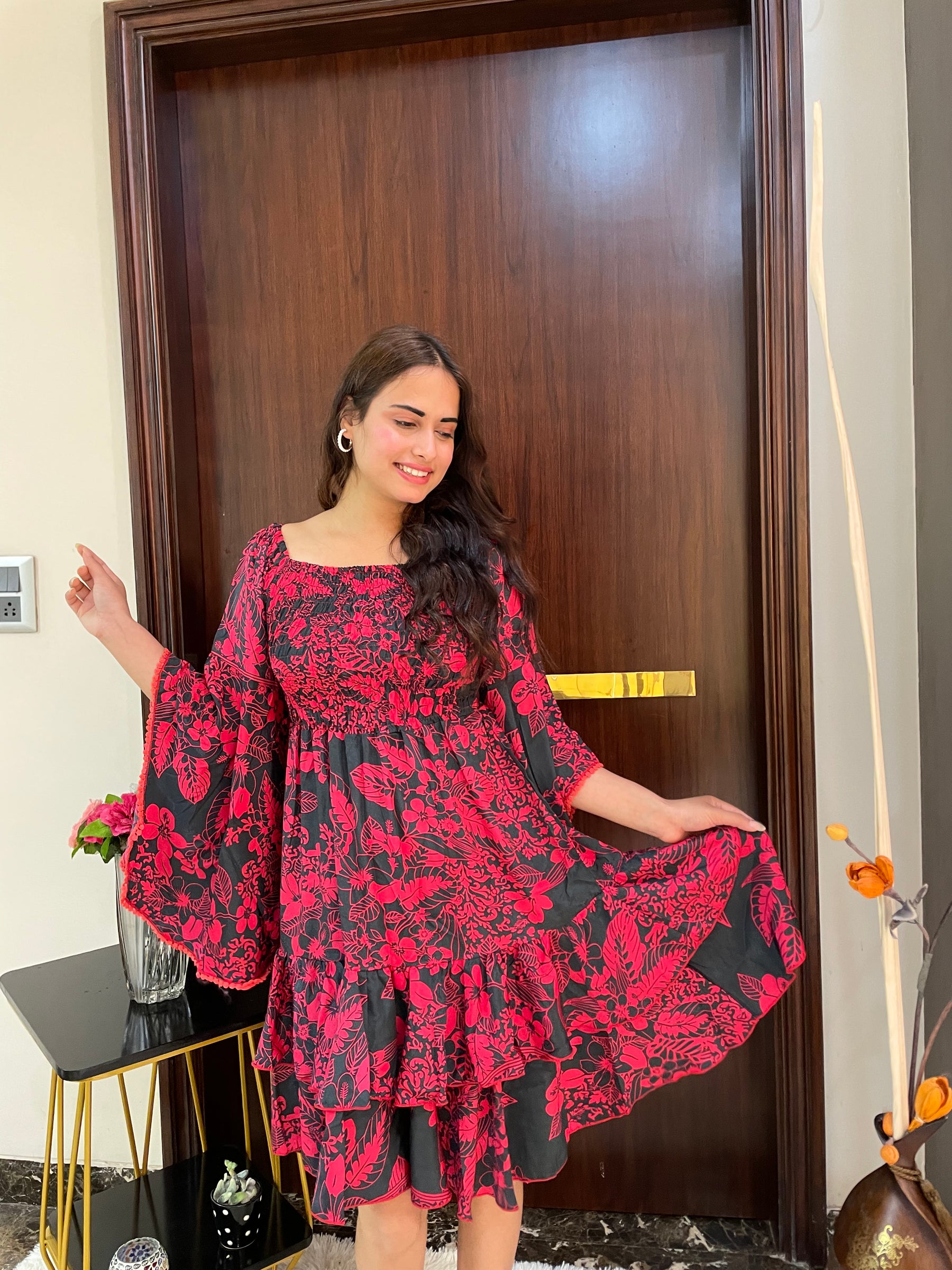 Elasticated Bust Bell Sleeves Boho Printed Short Dress - Red