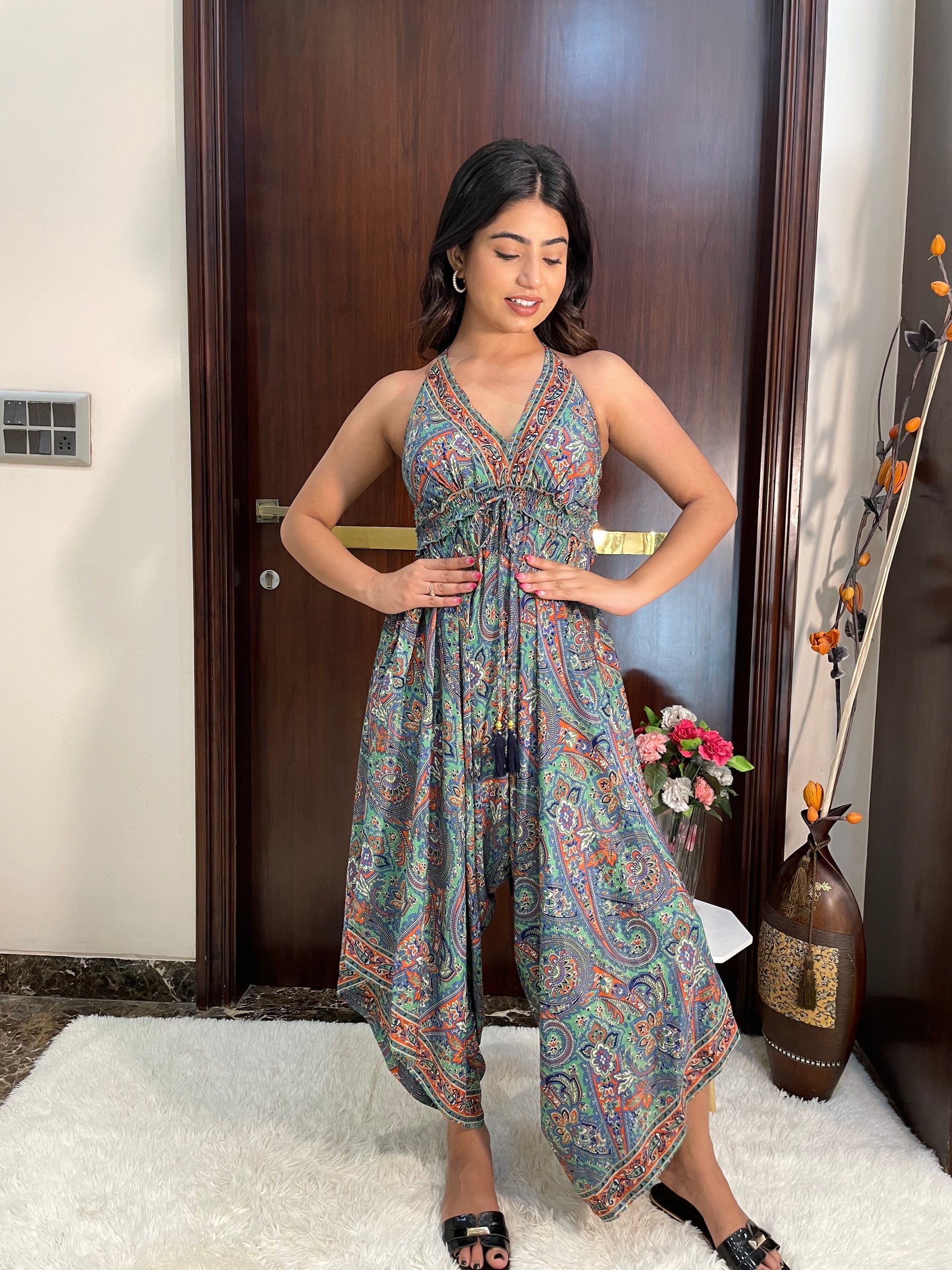 Backless Boho Printed Jumpsuit- Green