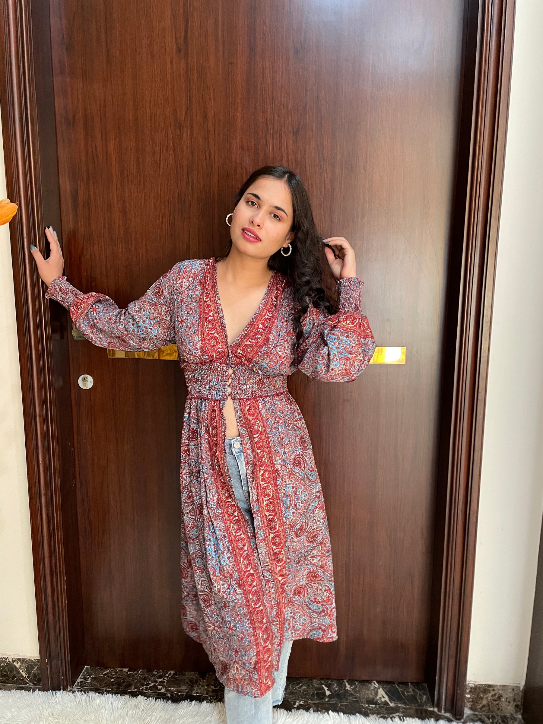 Middle Slit Boho Printed Long Top