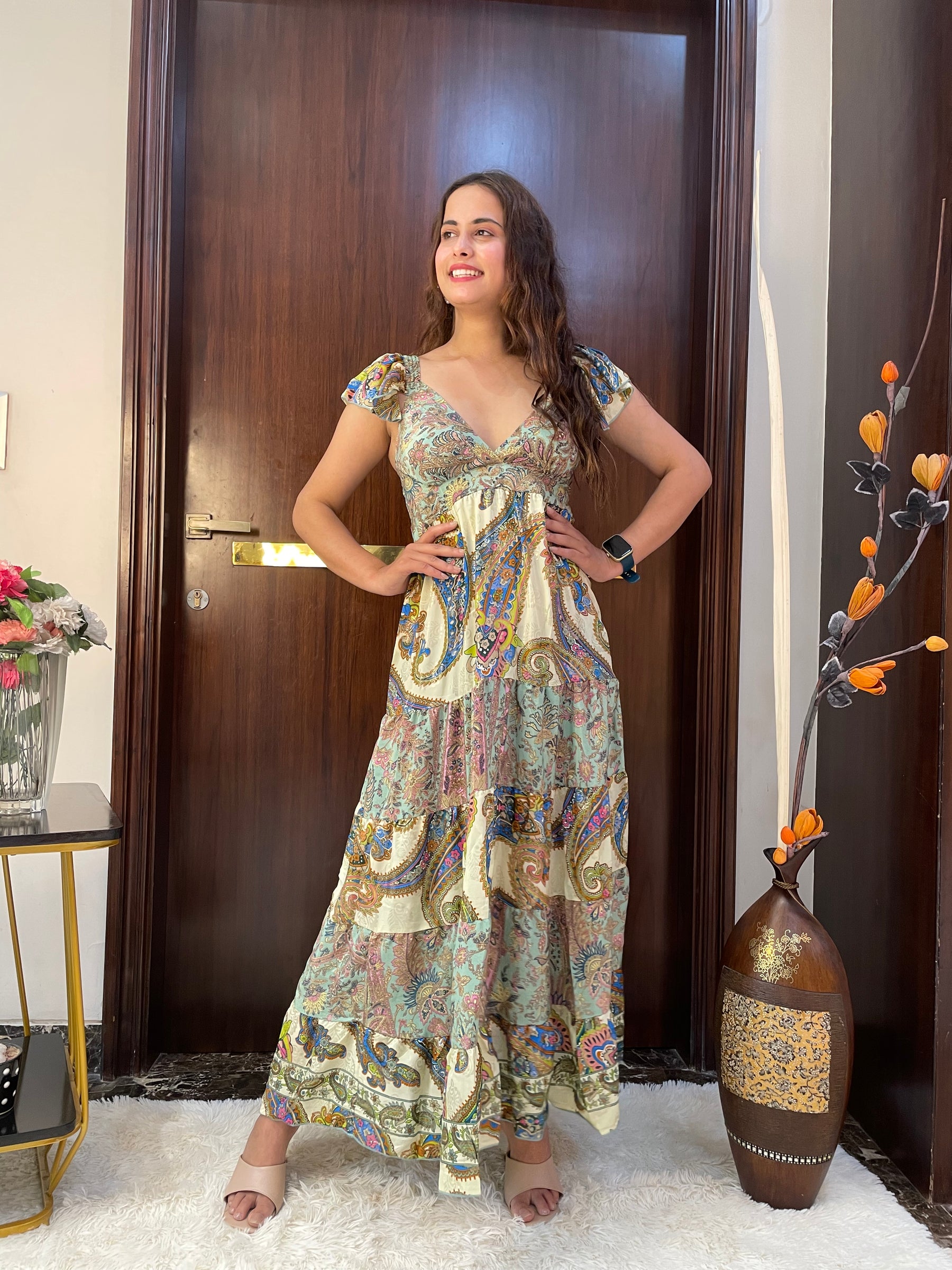 Foil Print Two Color Boho Maxi Dress