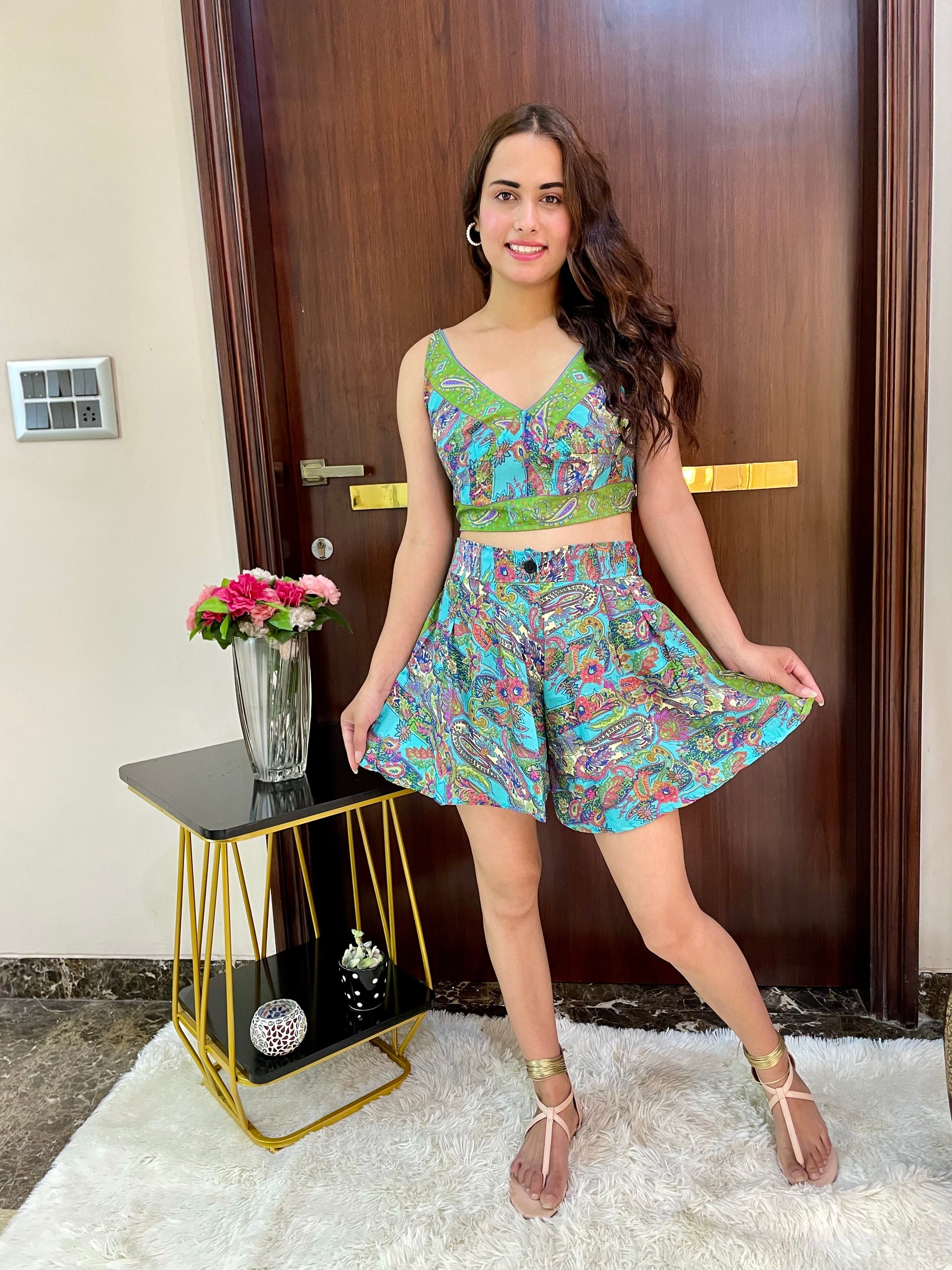 Puff Sleeves Kimono and Shorts Coordinate Set (3 Piece)- Tropical Teal