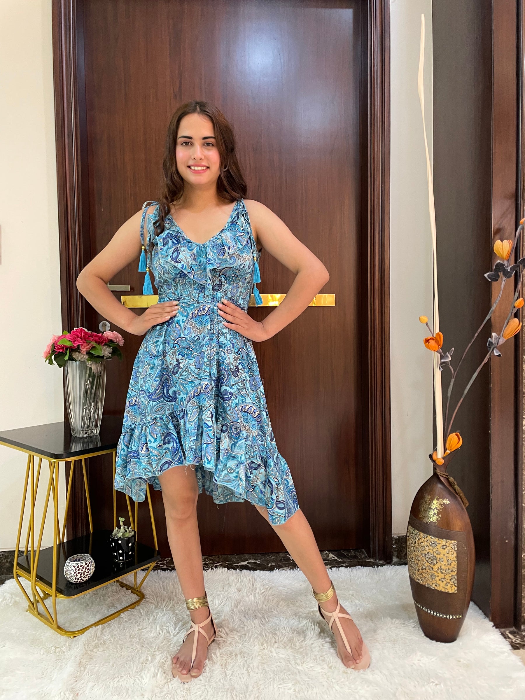 Frilled Flair Boho Printed Short Dress- Blue