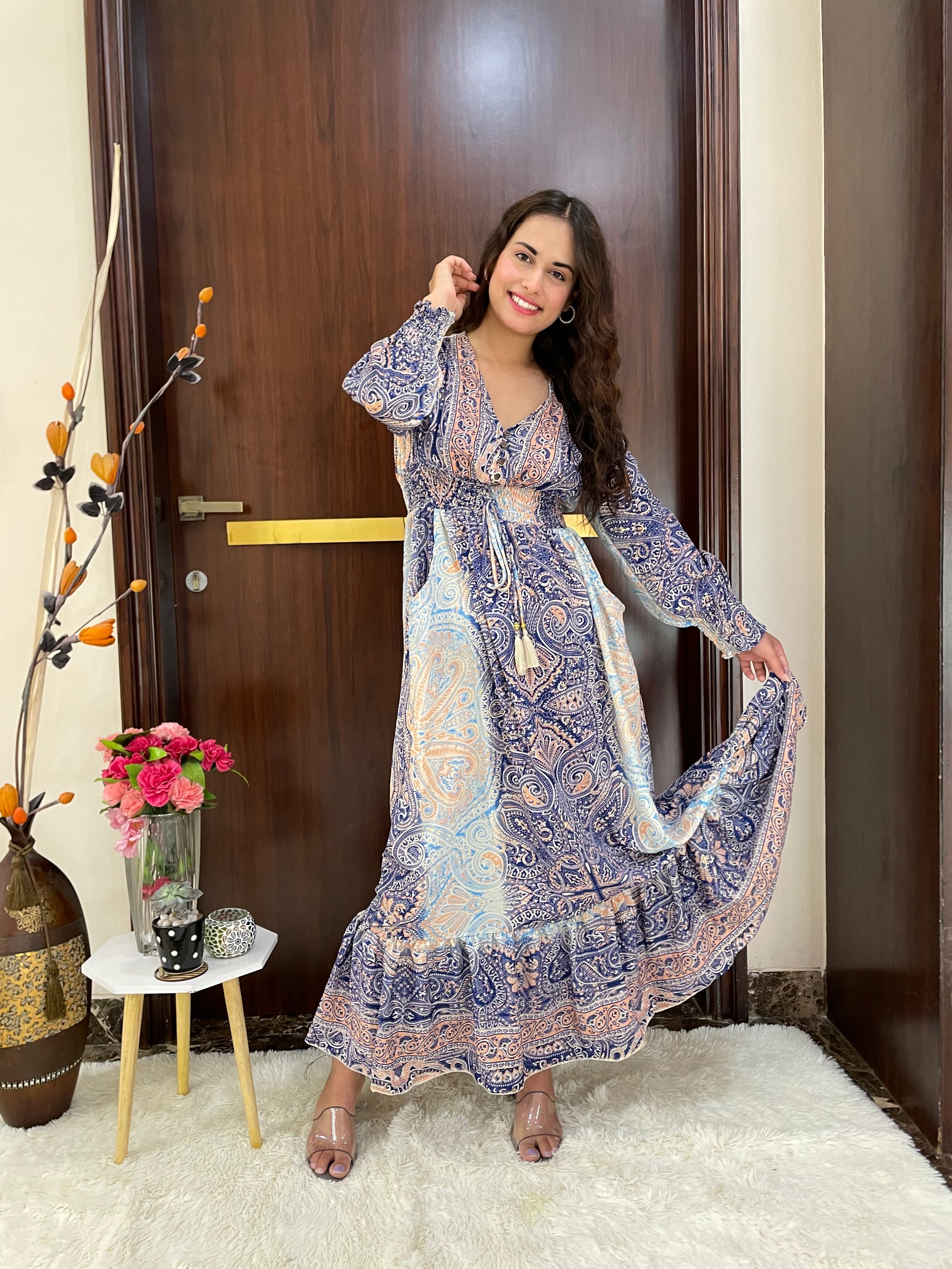 Two shade full sleeves gold(foil)print featured boho maxi dress - Smisingbee