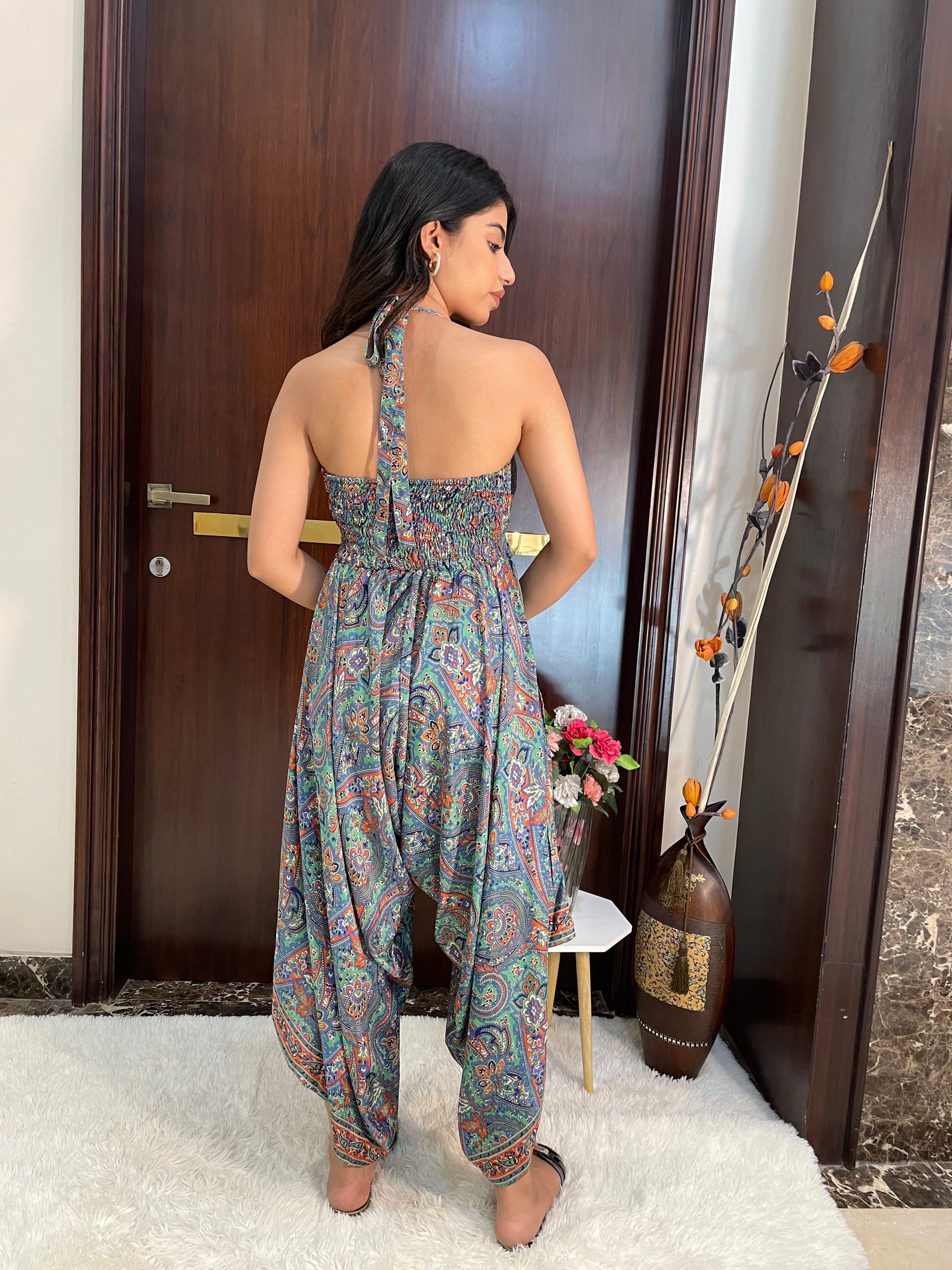Backless Boho Printed Jumpsuit- Green