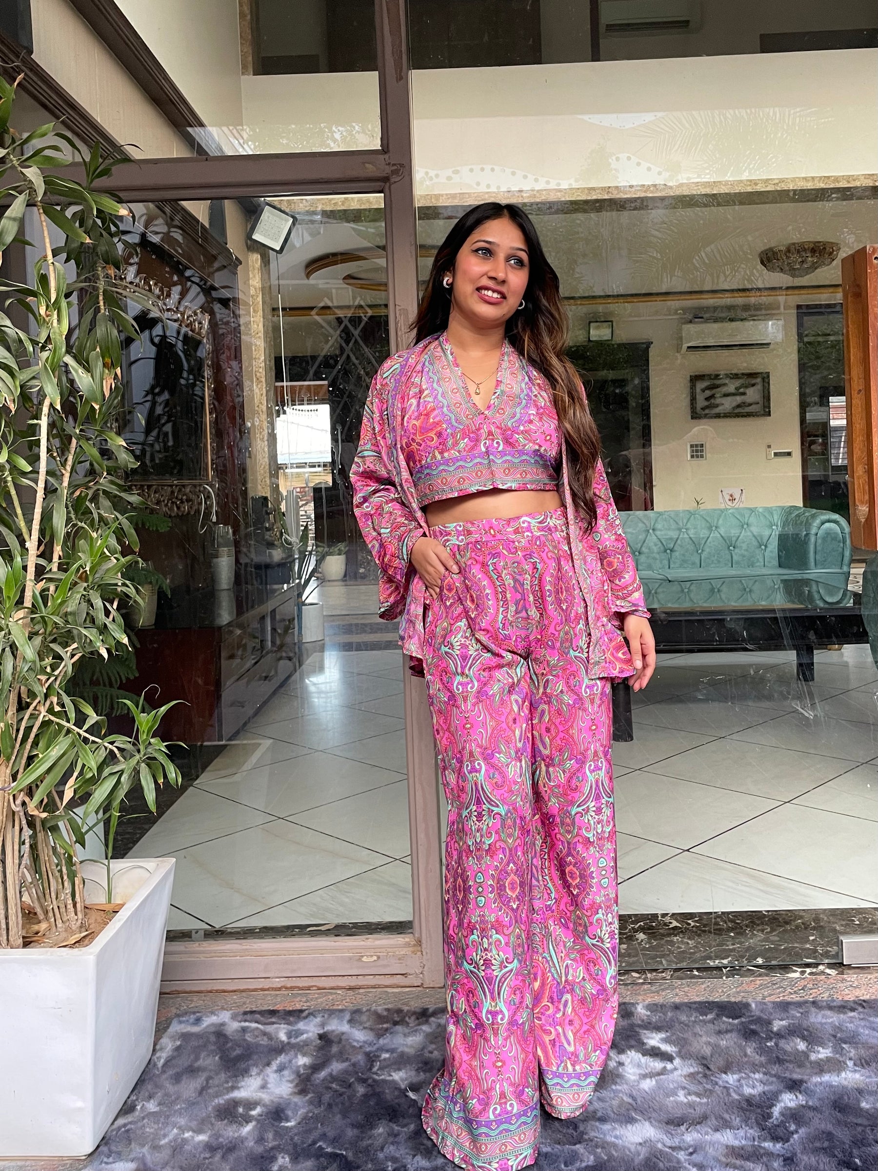 Boho Printed Bell Sleeves Kimono Coordinate Set - Rosy Blush