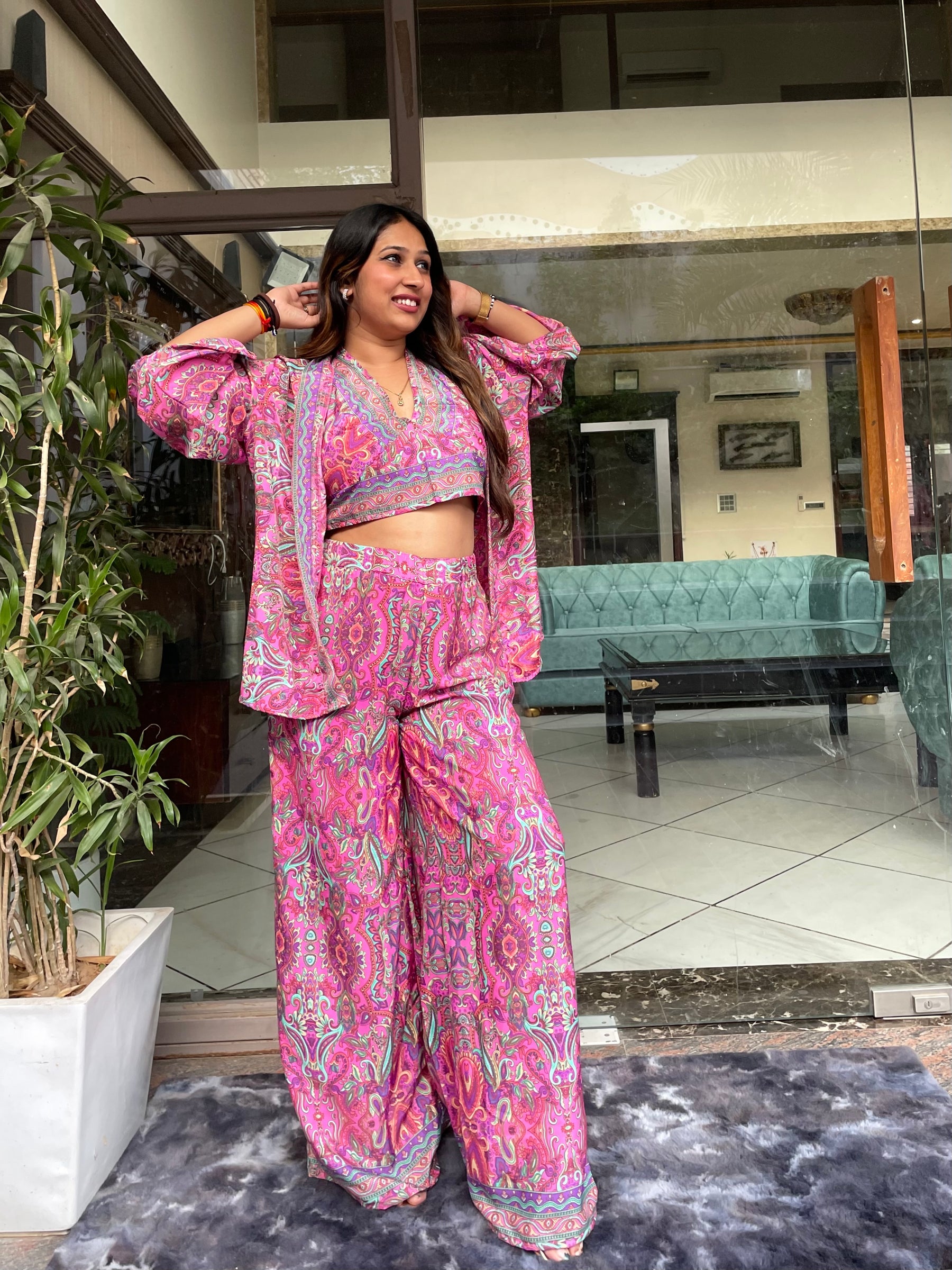 Boho Printed Bell Sleeves Kimono Coordinate Set - Rosy Blush