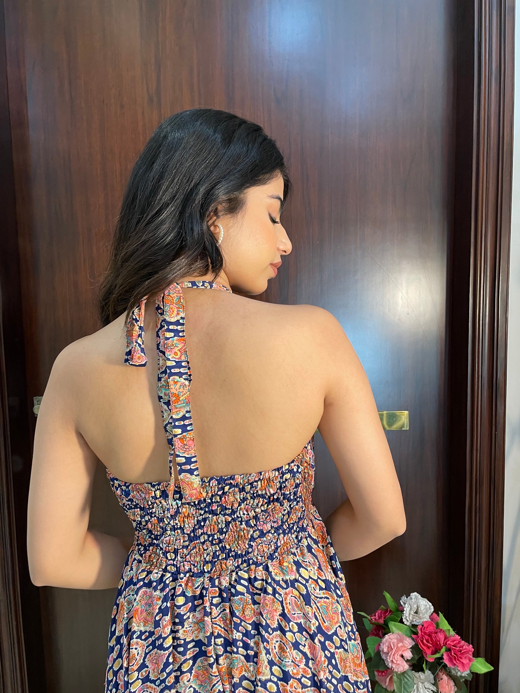 Backless Boho Printed Jumpsuit- Blue