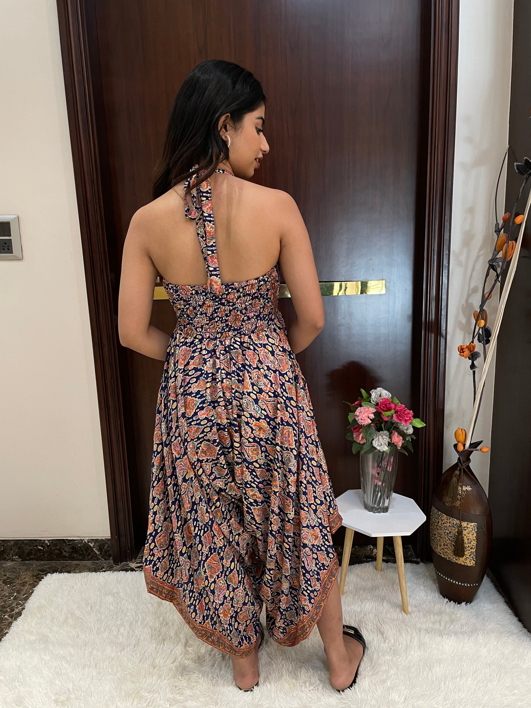 Backless Boho Printed Jumpsuit- Blue