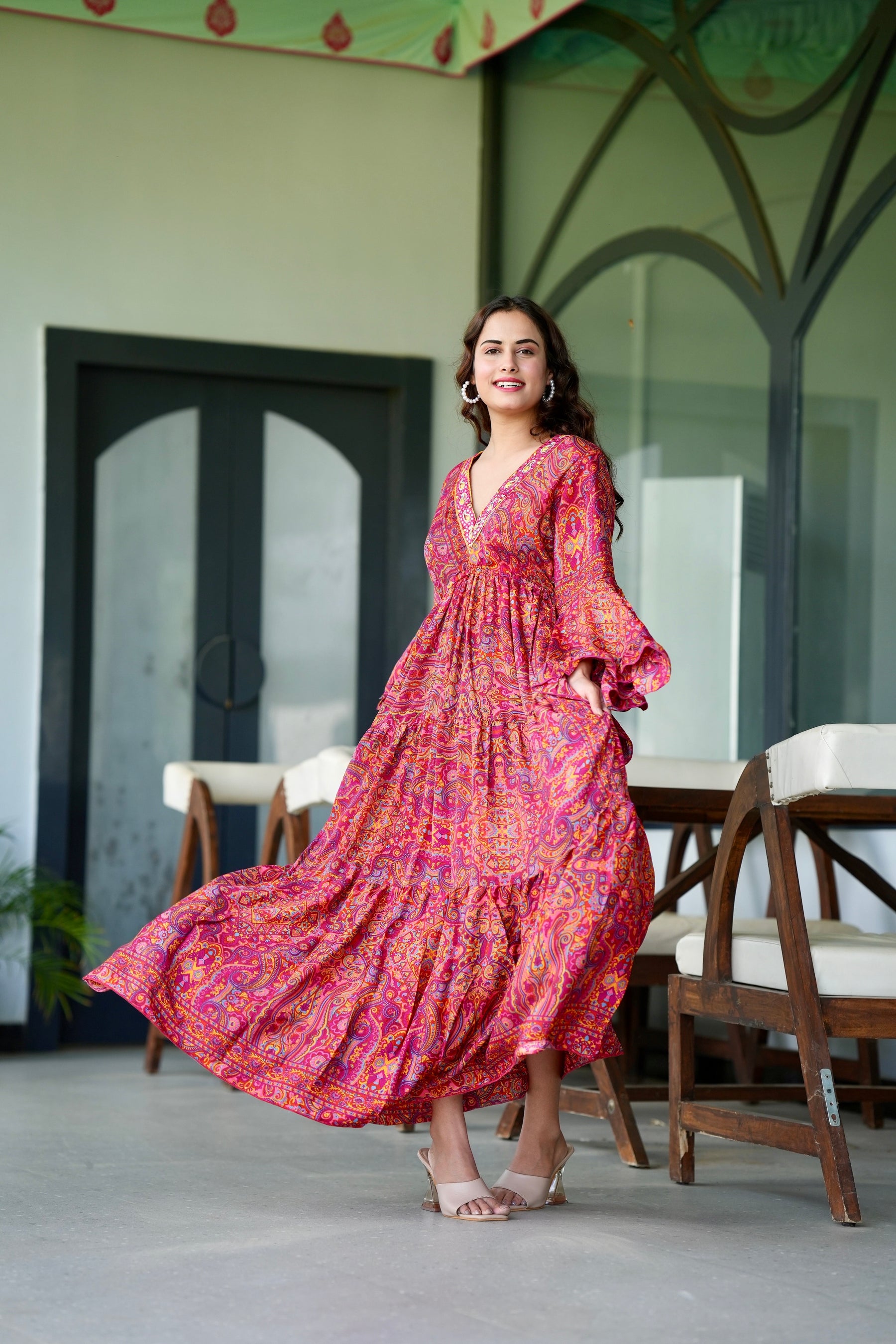 Ruffle Sleeves Boho Maxi Dress- Ruby Red Royalty